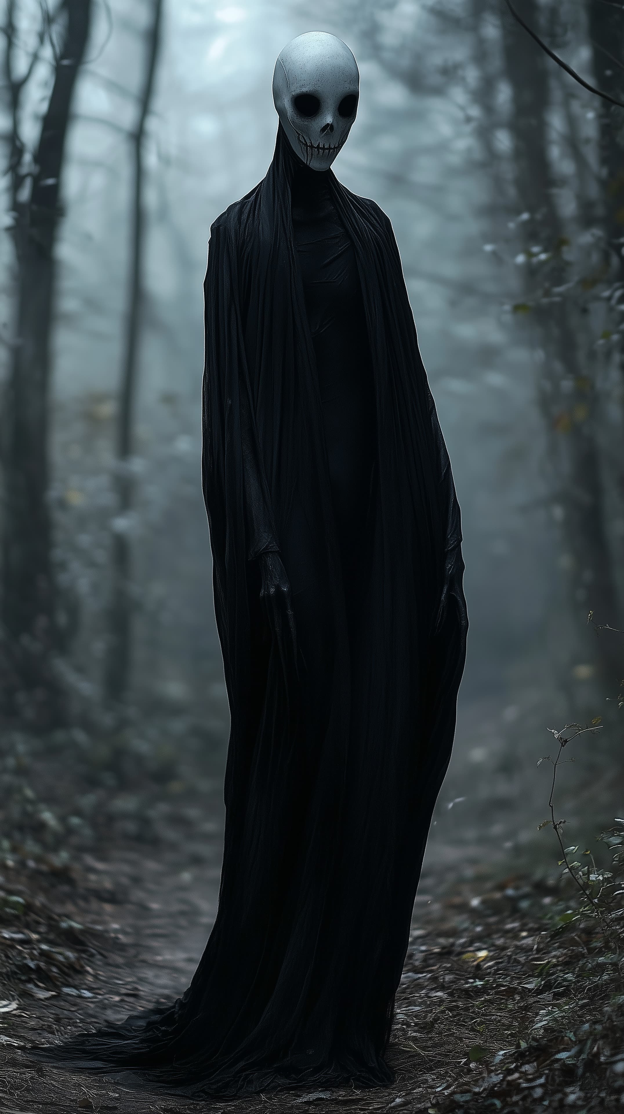 Mysterious Skull-Mask Figure in a Foggy Forest Wallpaper - High Resolution dark-fantasy Wallpaper for Mobile and Desktop