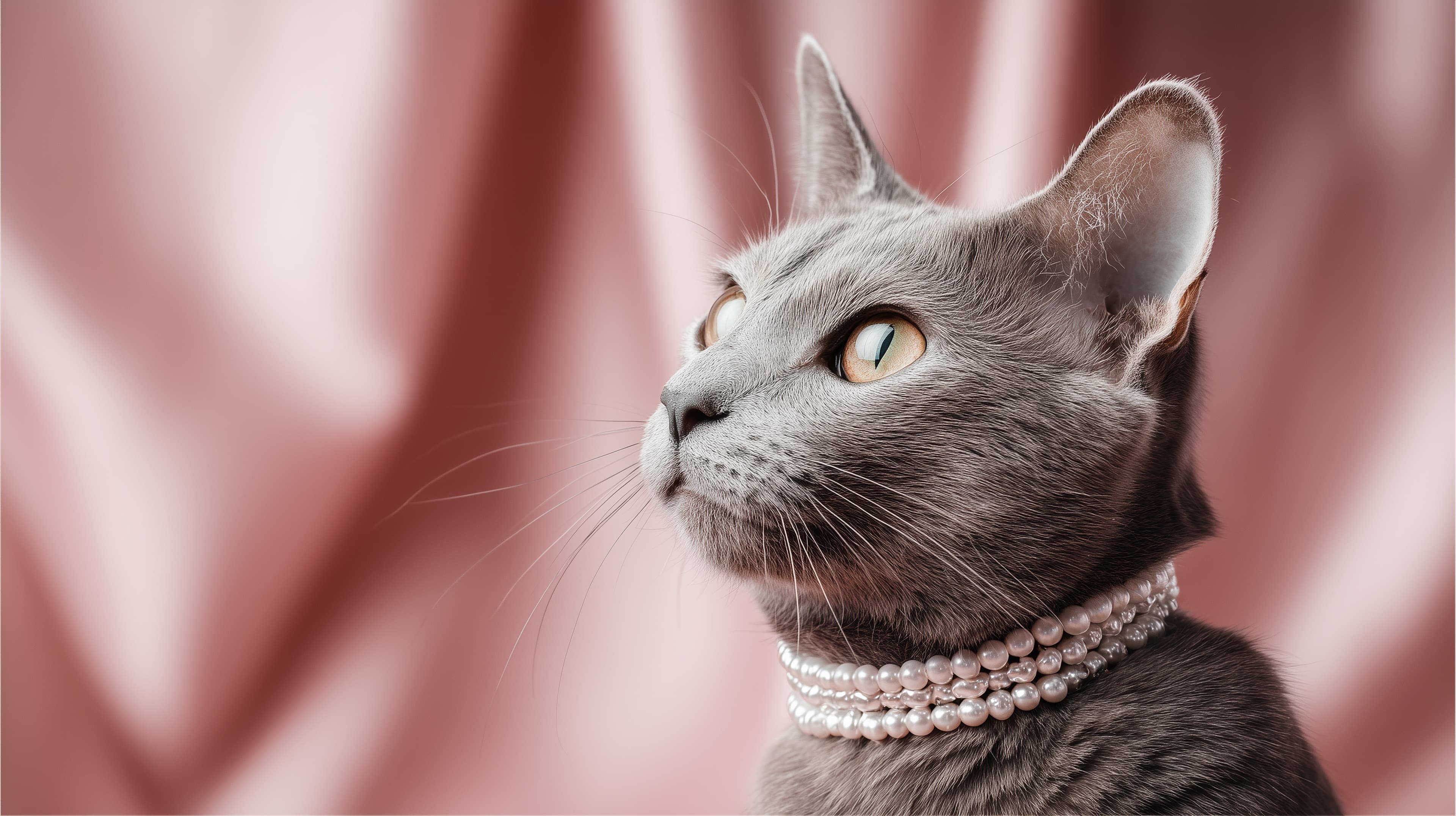 Graceful gray cat with pearl necklace in soft pink backdrop - High Resolution cat Wallpaper for Mobile and Desktop