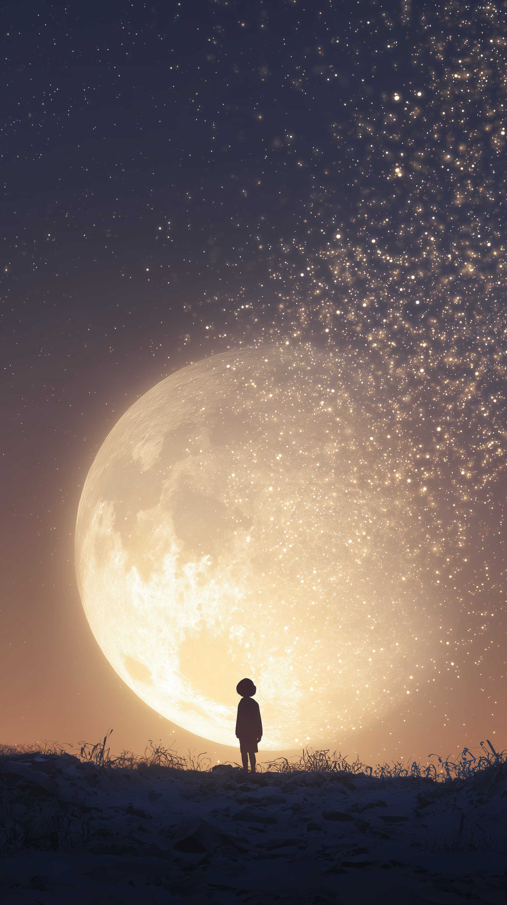 Dreamy Moonlit Nightscape: Silhouette Under Starry Sky - High Resolution calm Wallpaper for Mobile and Desktop