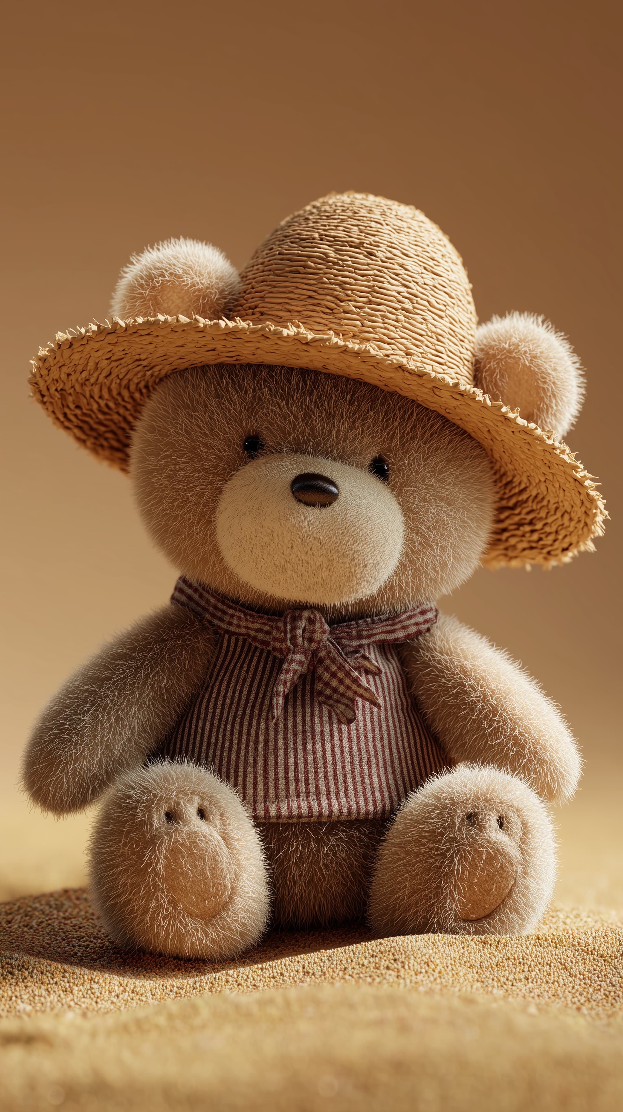 Adorable teddy bear in straw hat on sandy desert wallpaper - High Resolution cozy-illustration Wallpaper for Mobile and Desktop