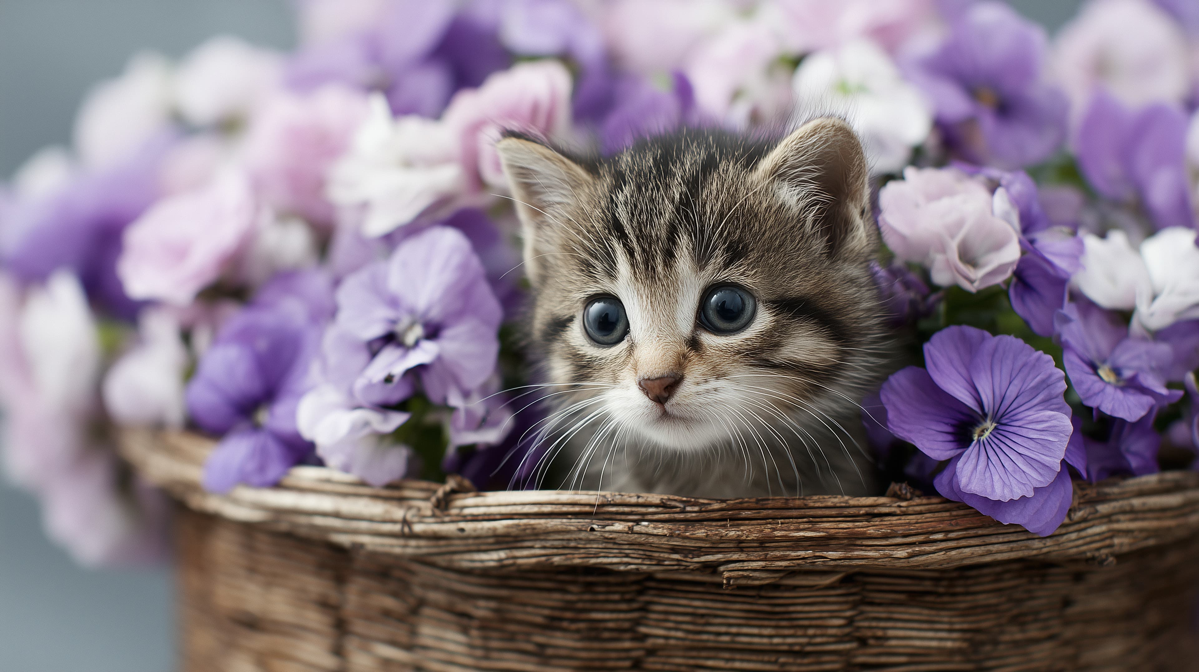 Adorable Kitten in a Basket Among Purple Flowers - Desktop - High Resolution basket Wallpaper for Mobile and Desktop