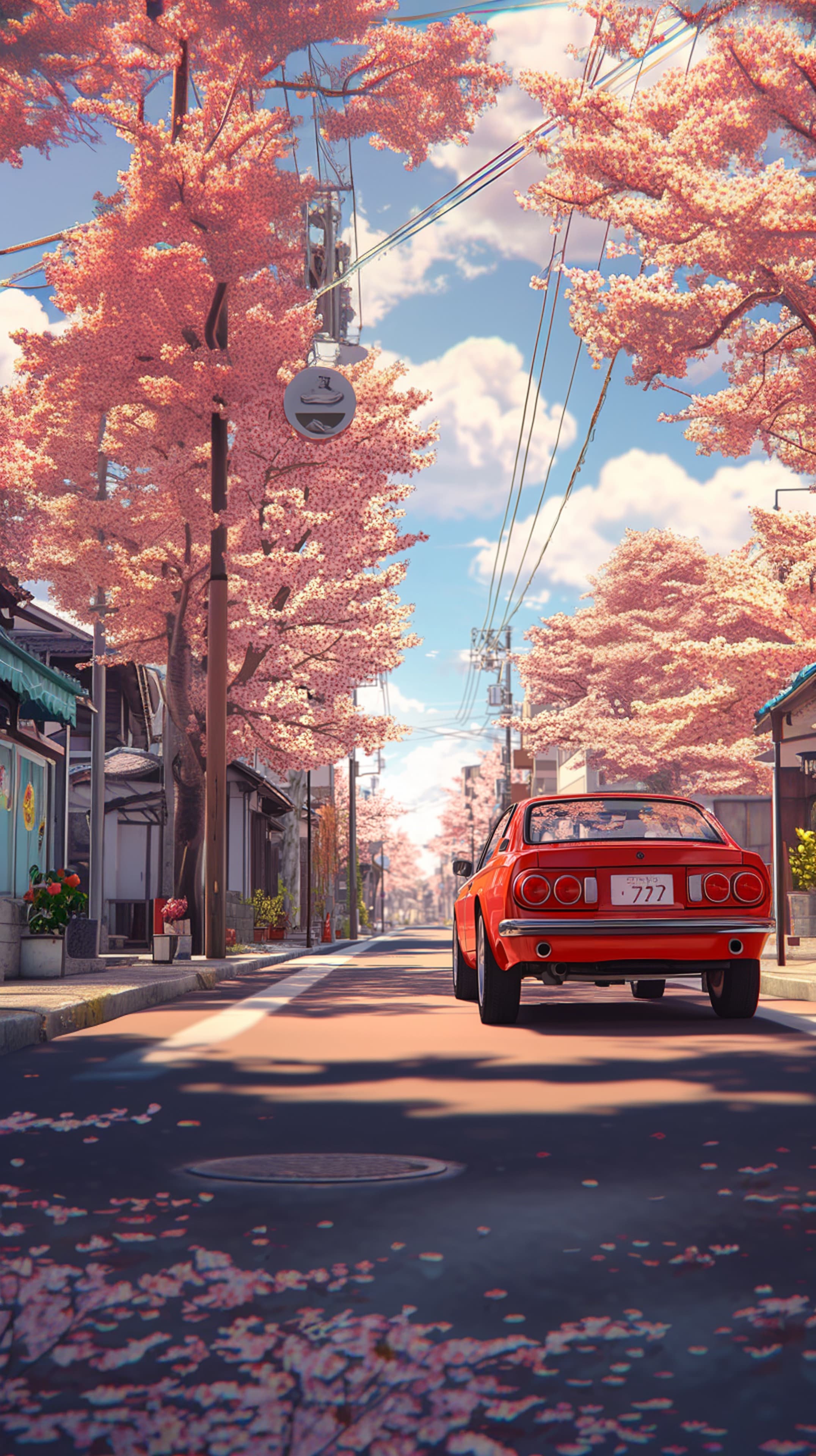 Pink Blossom Street with Red Vintage Car - Dreamy Wallpaper - High Resolution cherry-blossoms Wallpaper for Mobile and Desktop