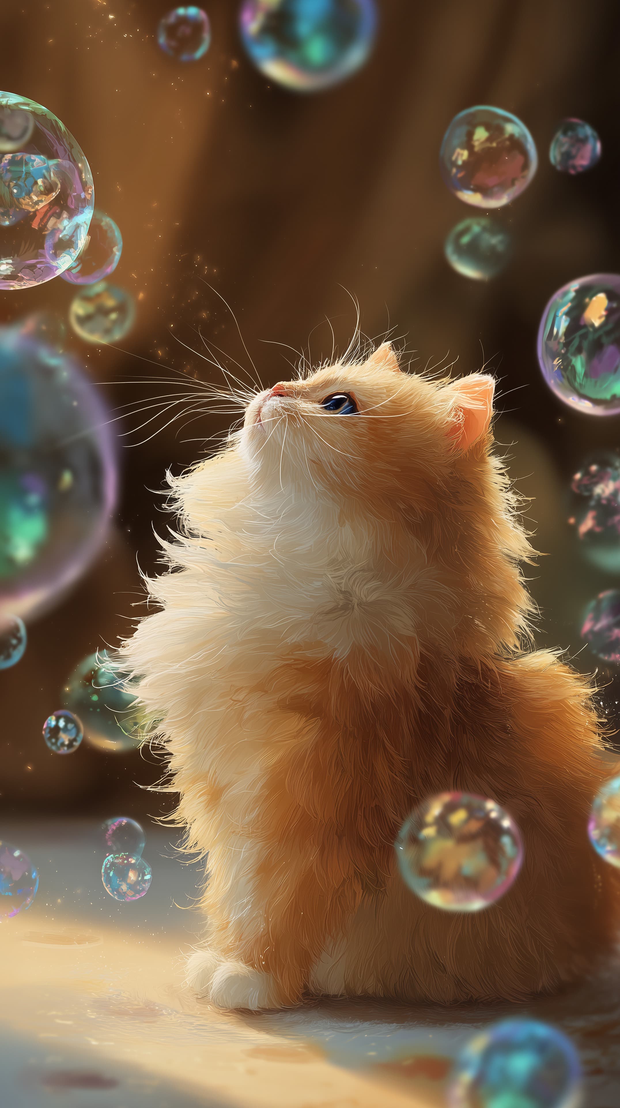 Whimsical Kitten Gazing at Colorful Bubbles – Dreamy Fur Wallpaper - High Resolution animal-portrait Wallpaper for Mobile and Desktop