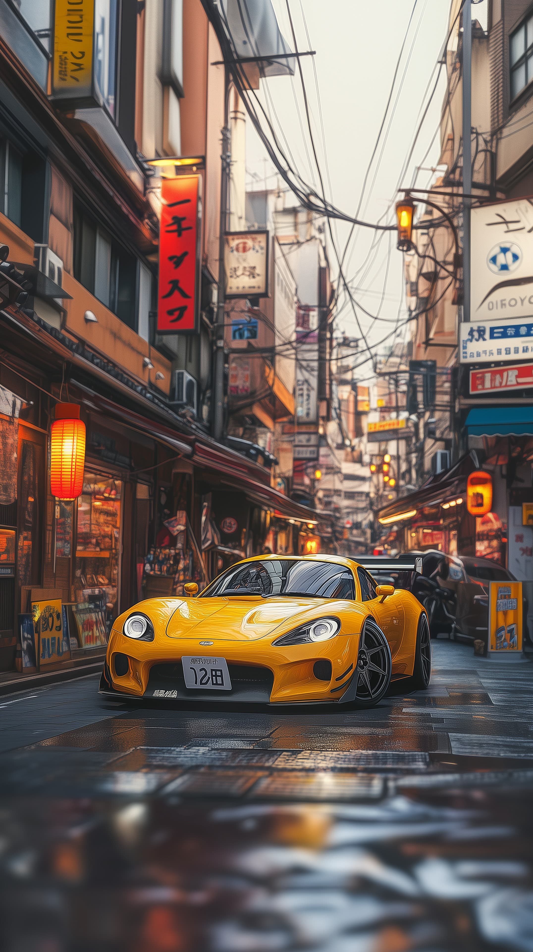 Yellow sports car in neon urban alley at dusk – moody street scene - High Resolution cinematic Wallpaper for Mobile and Desktop