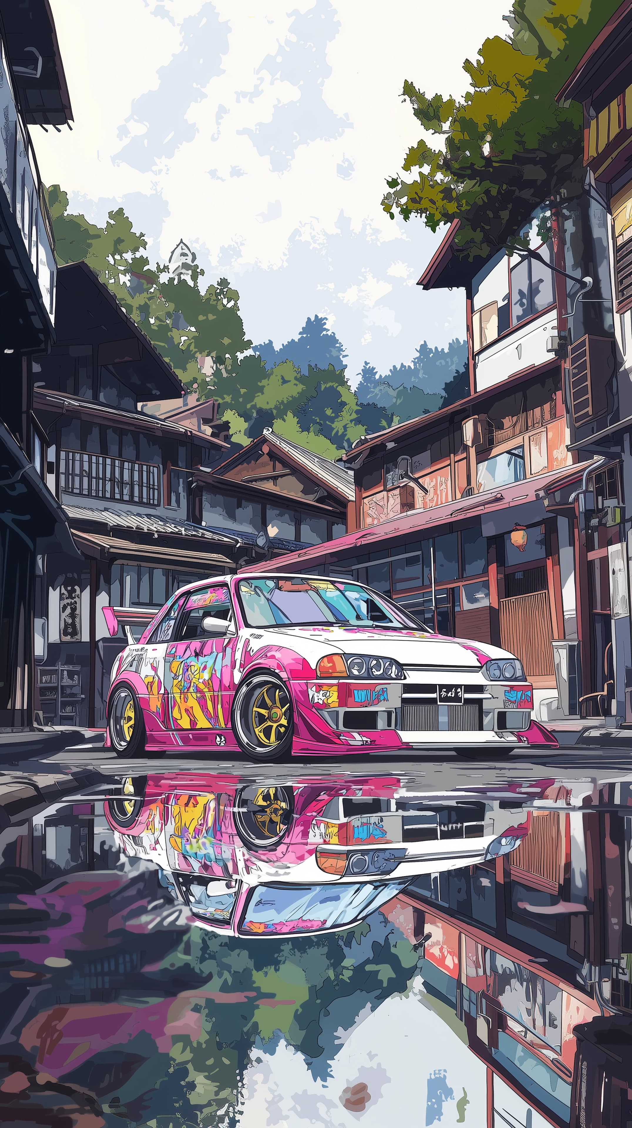 Vibrant Anime Street Car in Neon Pink — Urban Reflection Wallpaper - High Resolution anime Wallpaper for Mobile and Desktop