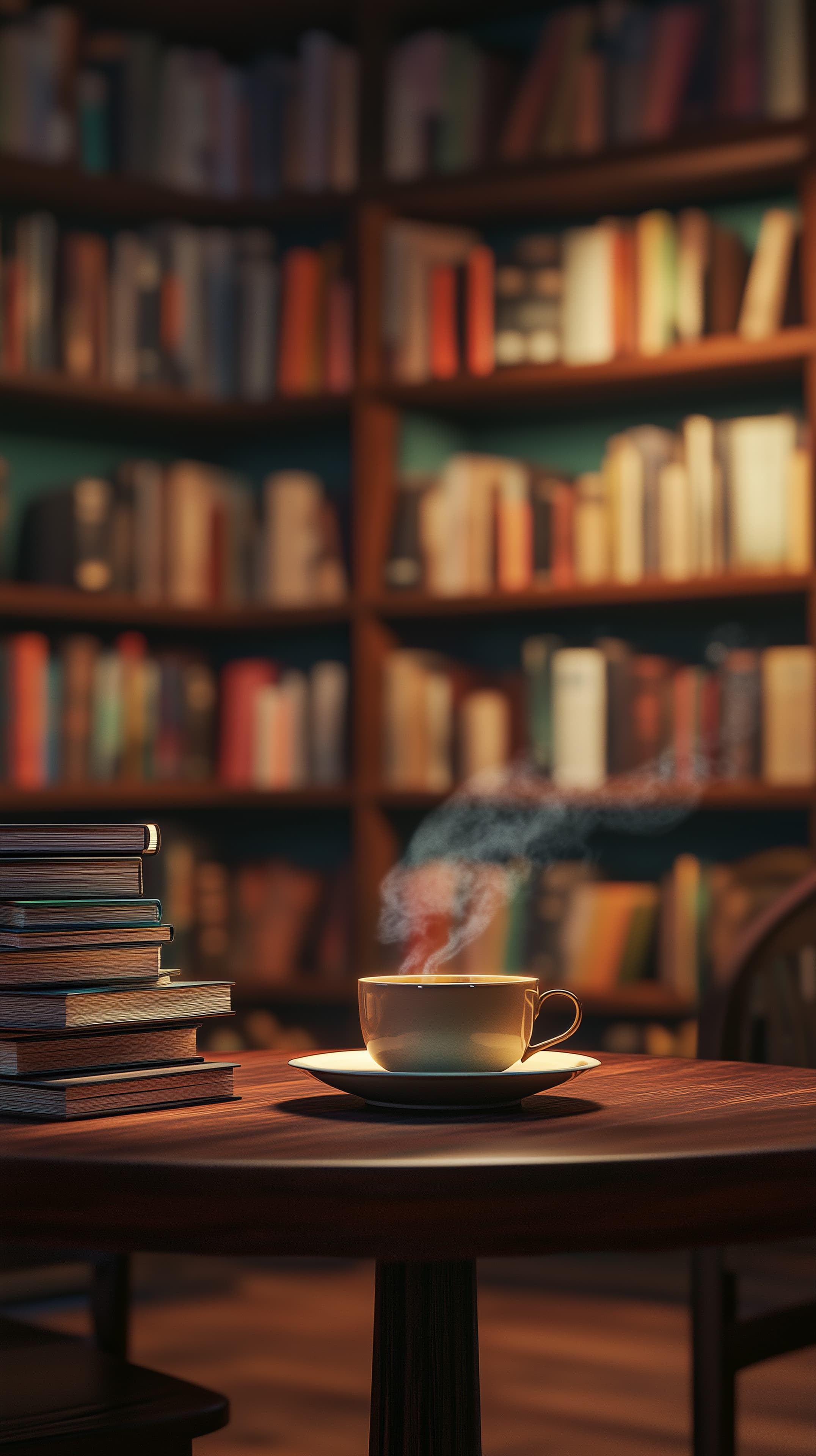 Cozy Library Corner: Steam Coffee and Stacked Books Wallpaper - High Resolution cozy Wallpaper for Mobile and Desktop
