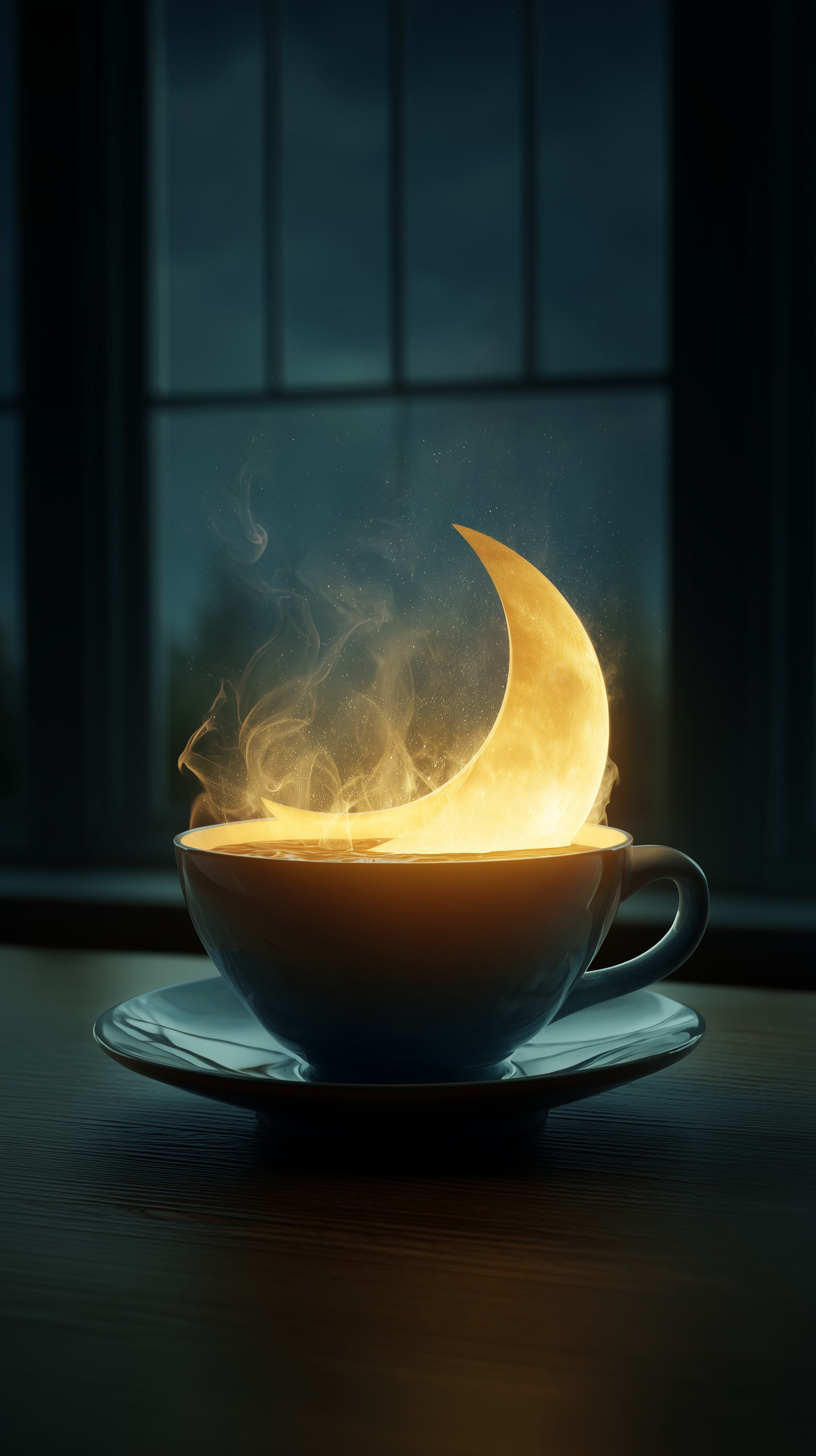 Dreamy Moonlit Cup with Glowing Crescent Steam Wallpaper - High Resolution cozy Wallpaper for Mobile and Desktop