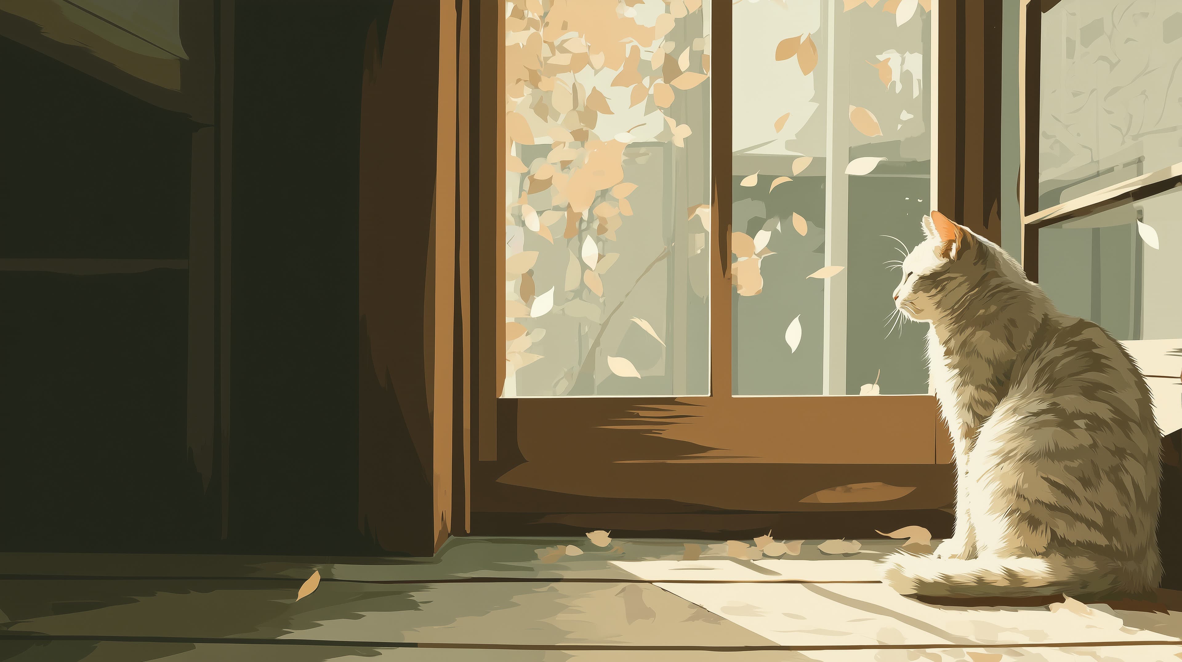 Autumn Light: Cat by Sunlit Window – Cozy Indoor Wallpaper - High Resolution autumn Wallpaper for Mobile and Desktop