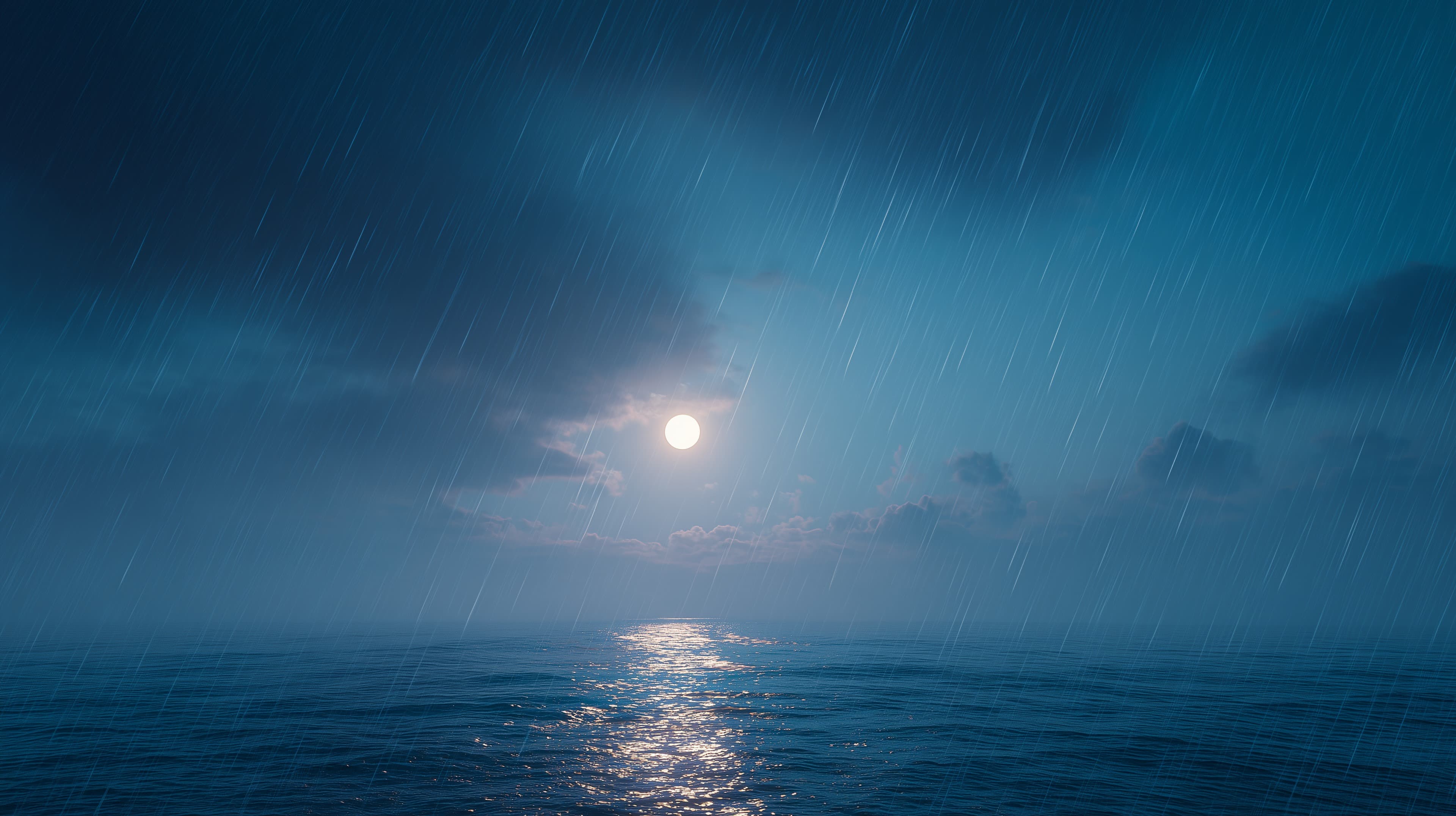 Moonlit Ocean Night with Rain — Serene Seascape Wallpaper - High Resolution blue-seascape Wallpaper for Mobile and Desktop