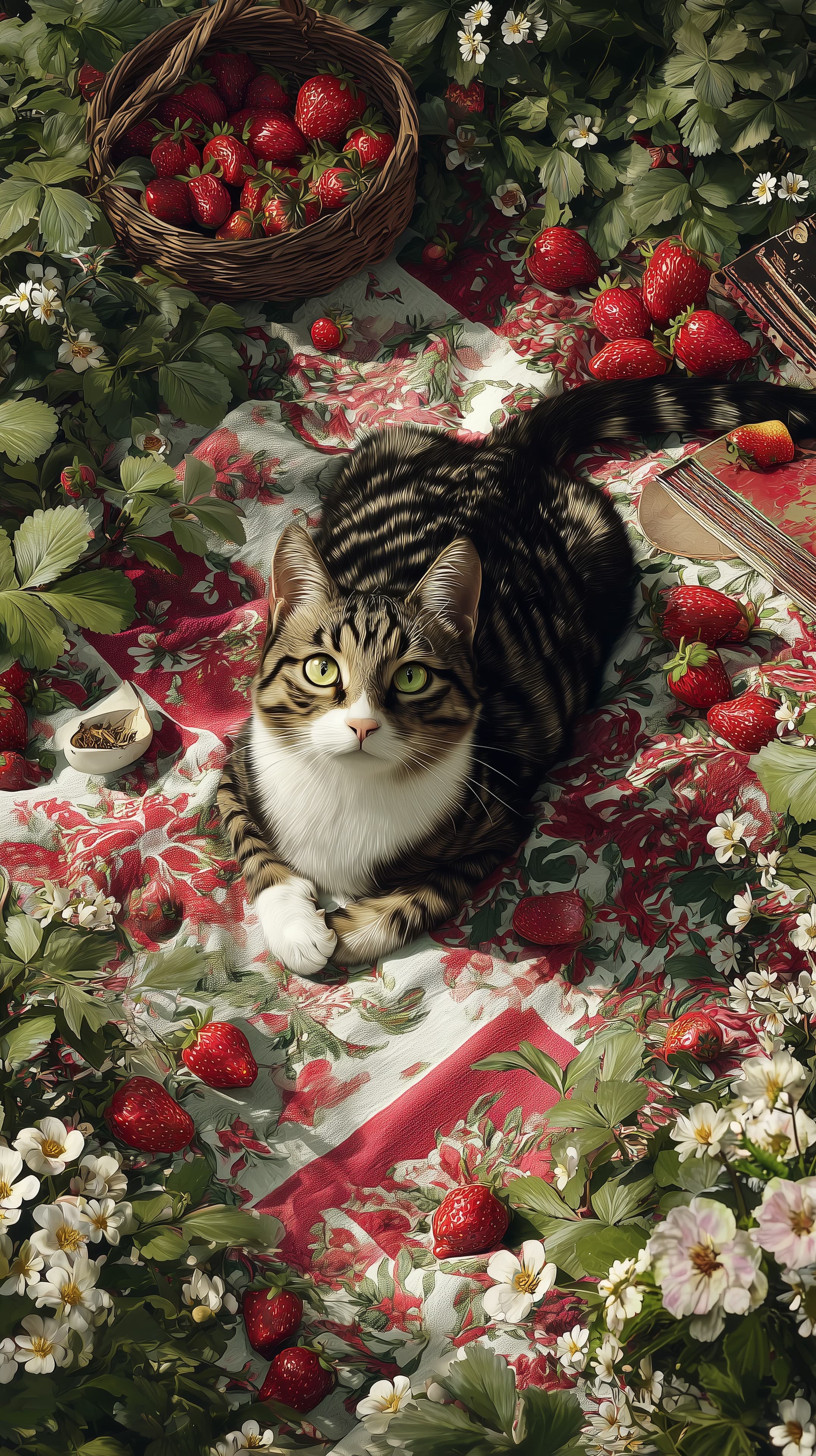 Cozy Cat on Strawberry Picnic in Floral Garden Wallpaper Artwork - High Resolution art Wallpaper for Mobile and Desktop