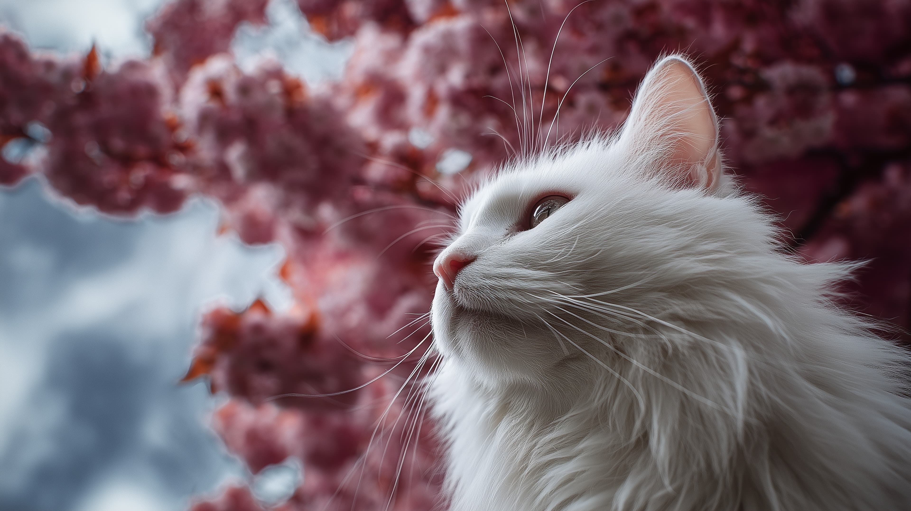 Soft White Cat Portrait With Pink Cherry Blossom Backdrop - High Resolution animal-portrait Wallpaper for Mobile and Desktop
