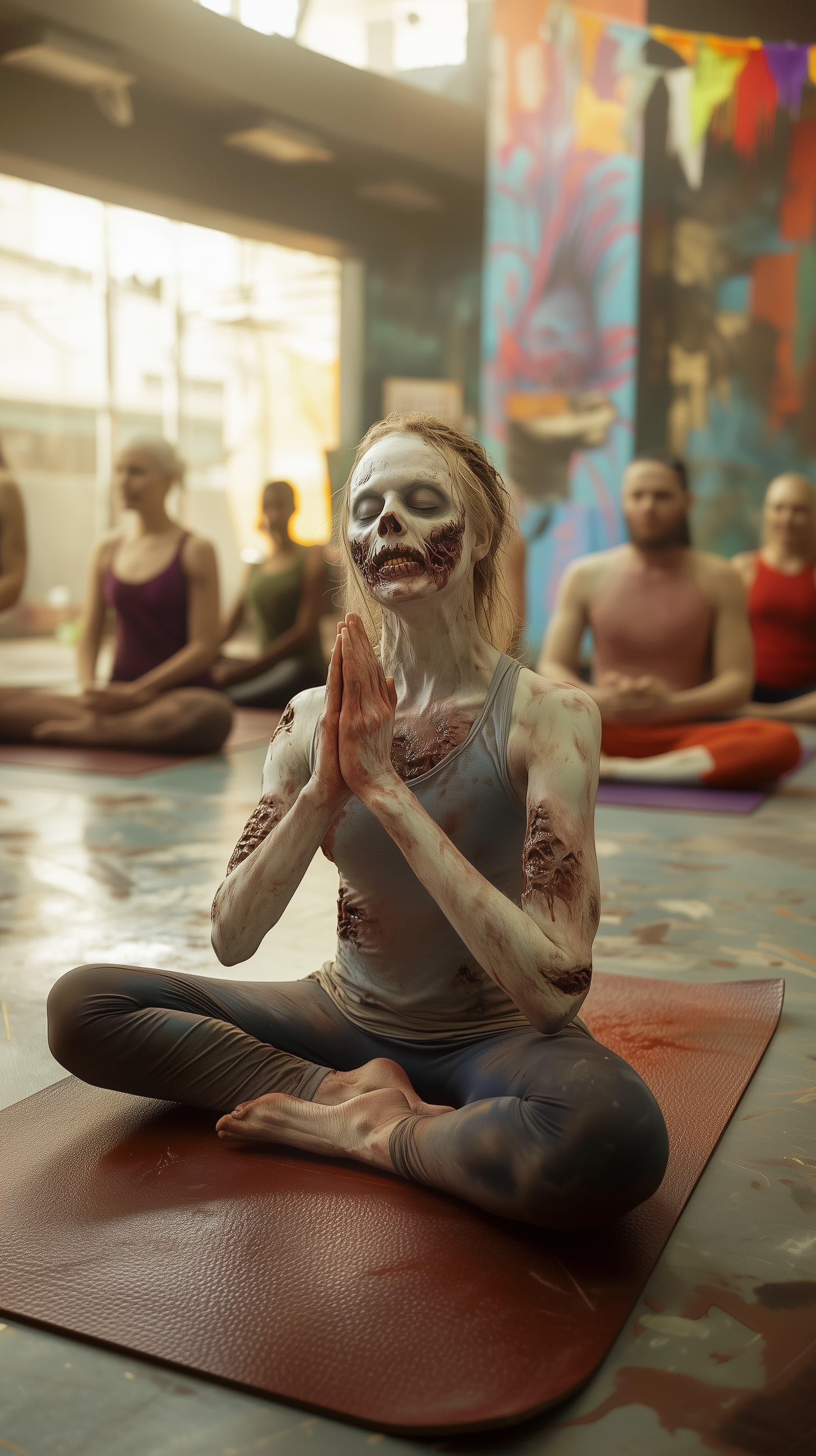 Zombie-Inspired Yoga Meditation Scene - Eerie Gothic Wallpaper - High Resolution art Wallpaper for Mobile and Desktop