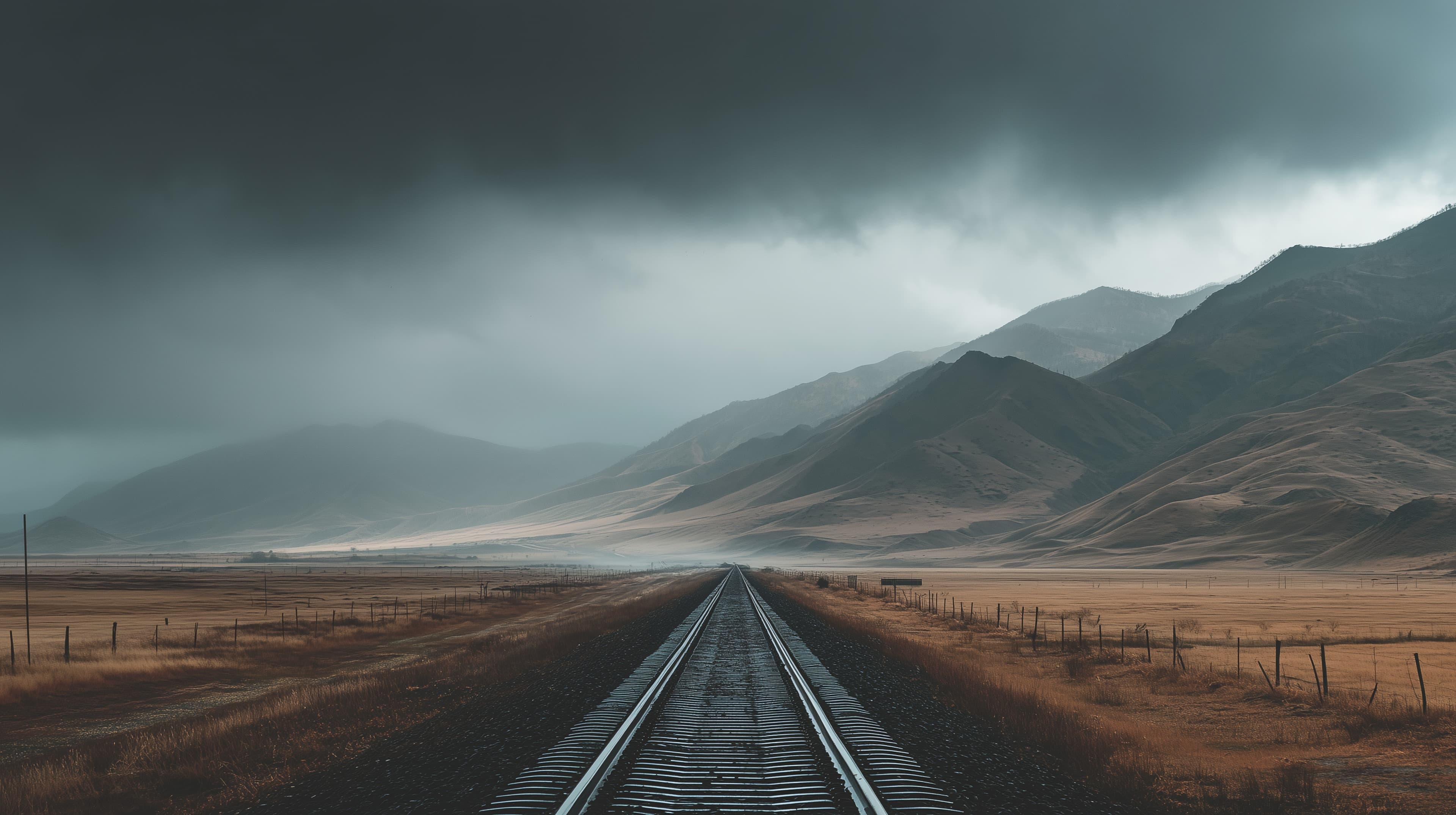 Desolate Mountain Rail Track in Stormy Landscape at Dawn - High Resolution desaturated-colors Wallpaper for Mobile and Desktop