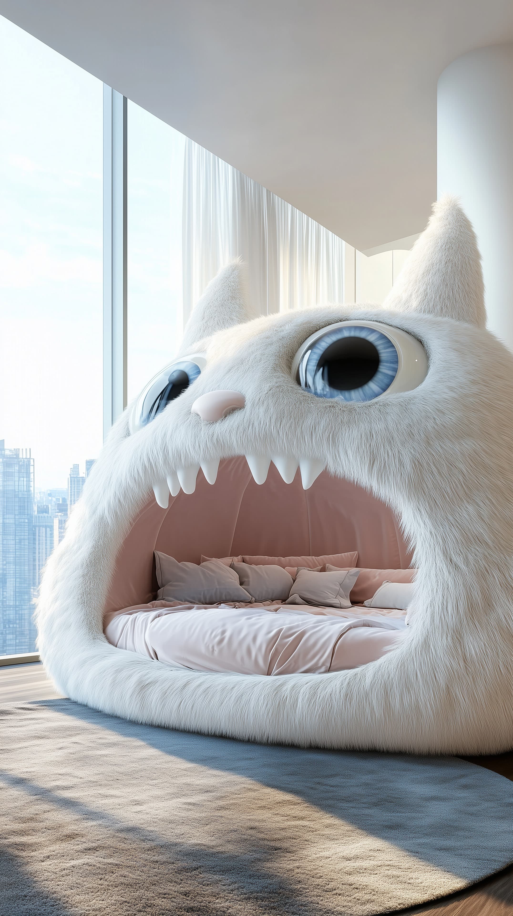 Whimsical Giant Plush Creature Bed in Bright Loft with City Views - High Resolution 3d-art Wallpaper for Mobile and Desktop