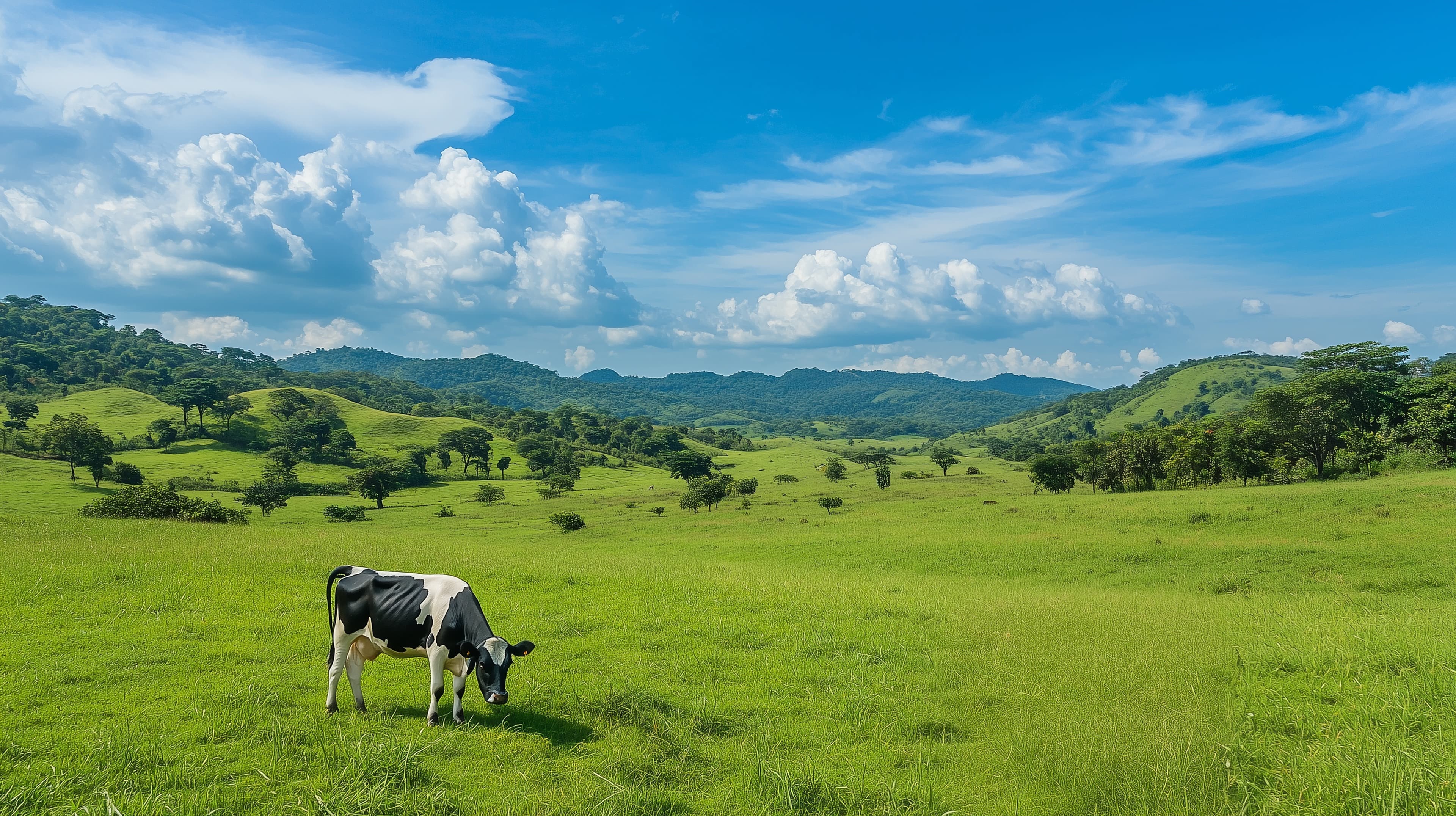 Idyllic Green Meadow with a Pasture Cow Under a Bright Blue Sky - High Resolution blue-sky Wallpaper for Mobile and Desktop