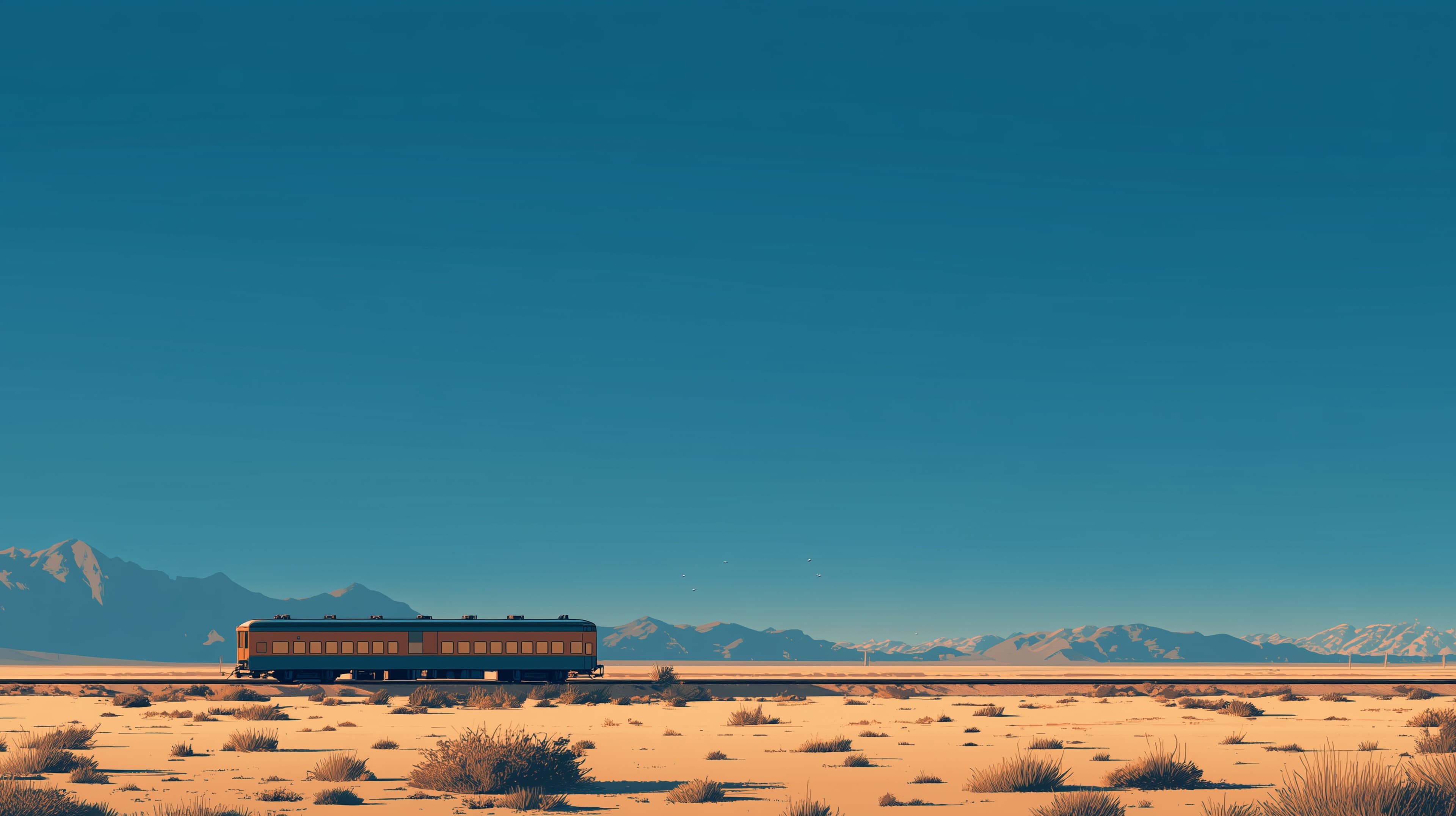 Desert Trainscape: Quiet Rail Stretch Under Blue Sky - High Resolution arid-plain Wallpaper for Mobile and Desktop