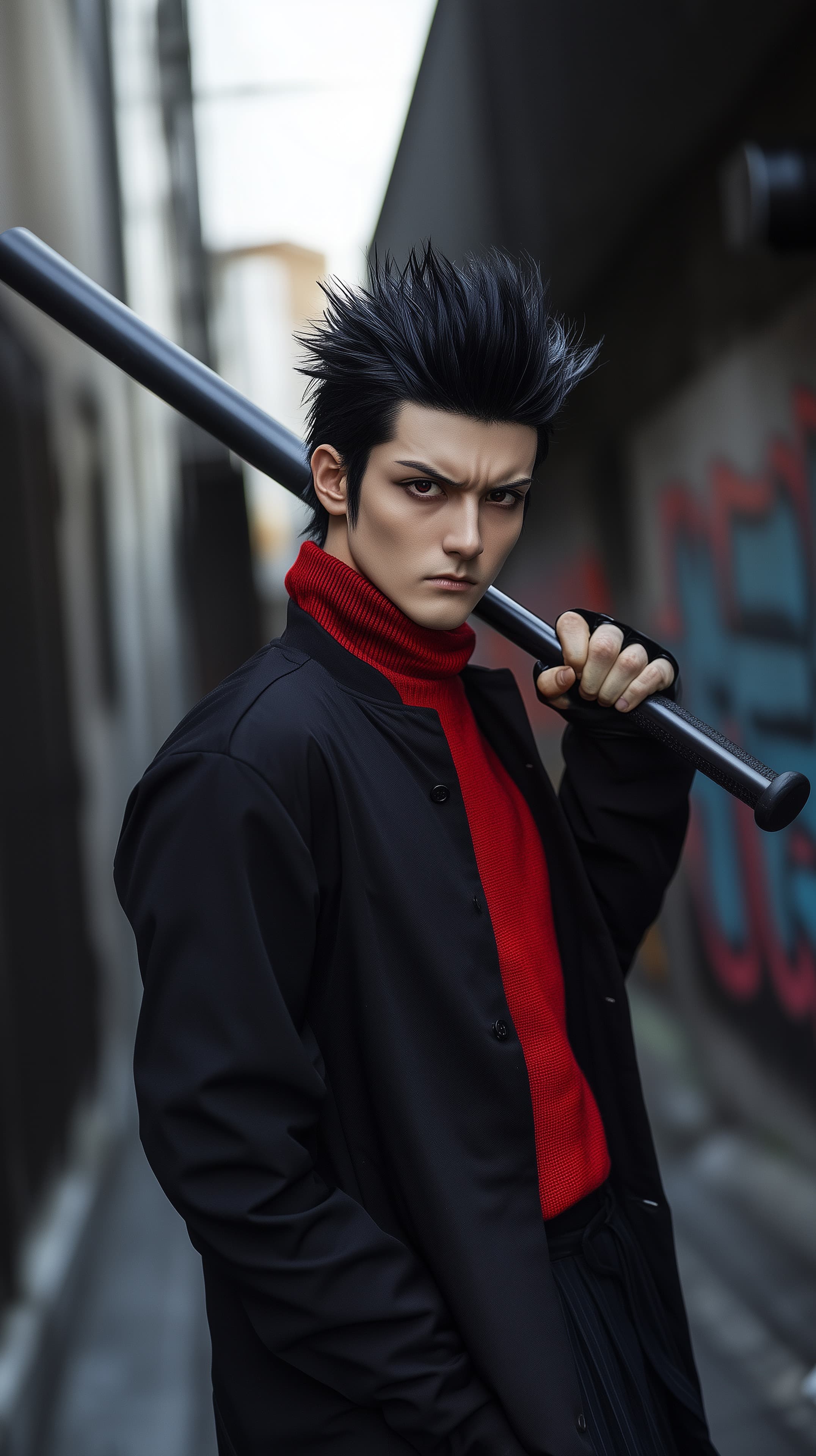 Urban Anime Hero: Spiky Hair, Red Turtleneck Cosplay Portrait - High Resolution anime-inspired Wallpaper for Mobile and Desktop