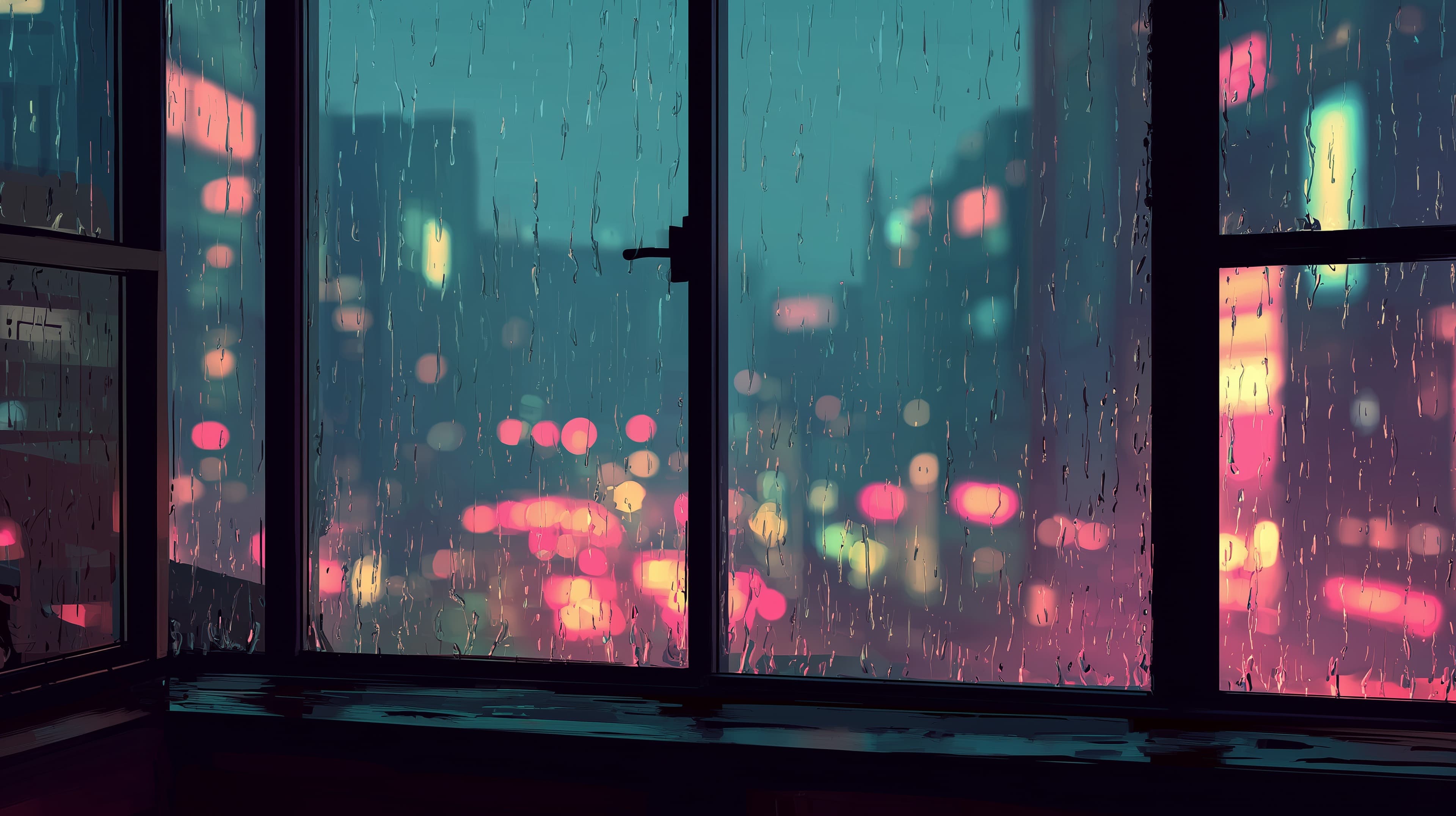 Rainy Neon Cityscape at Night - Blurred Bokeh Lights - High Resolution bokeh Wallpaper for Mobile and Desktop