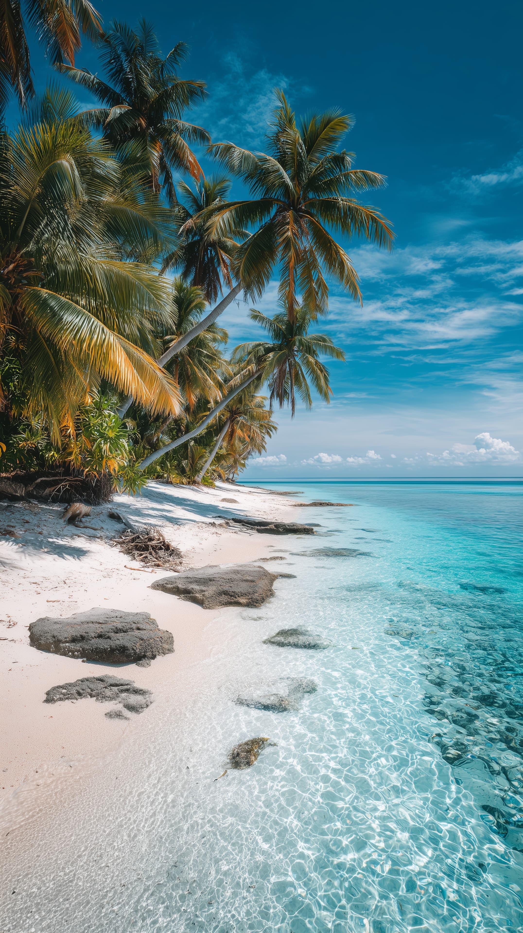 Tropical Beach Paradise with Palm Trees and Crystal Water - High Resolution beach Wallpaper for Mobile and Desktop