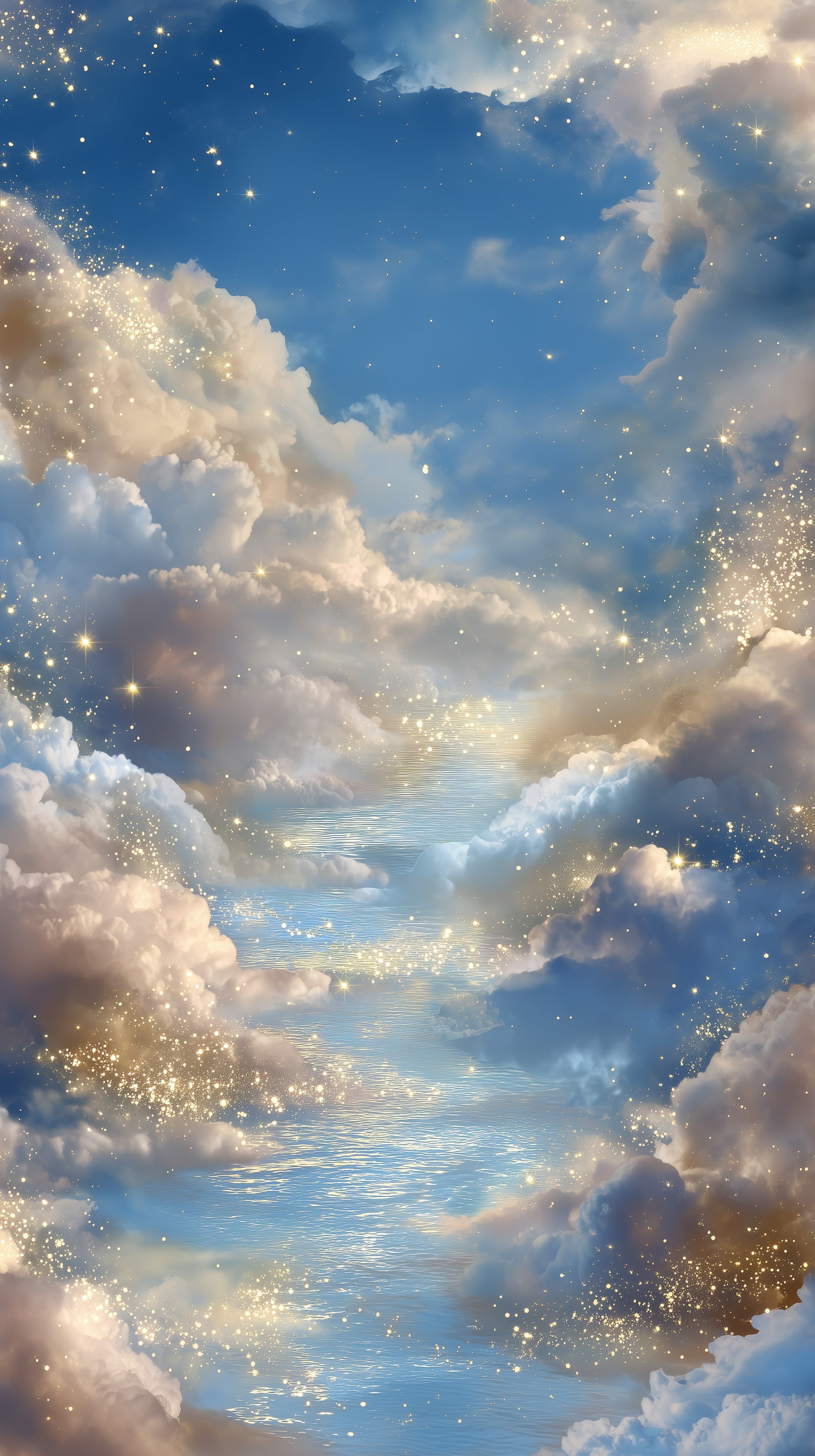 Dreamy Cloudscape with Sparkling Sky and Reflective Water - High Resolution atmosphere Wallpaper for Mobile and Desktop