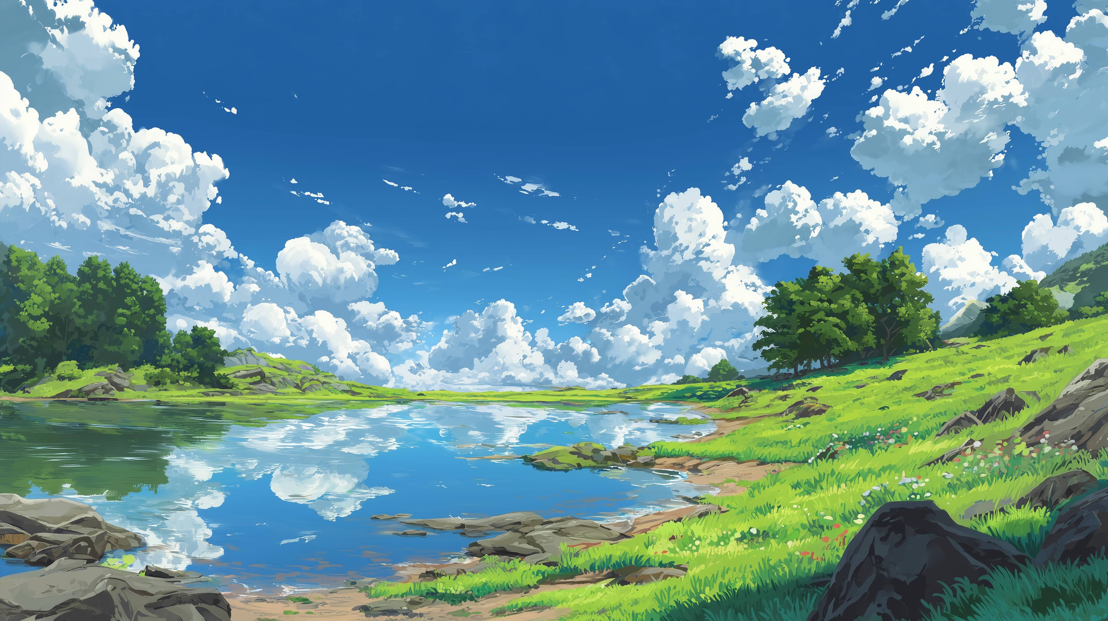 Tranquil River Landscape Under a Bright Blue Sky Scene - High Resolution blue-sky Wallpaper for Mobile and Desktop