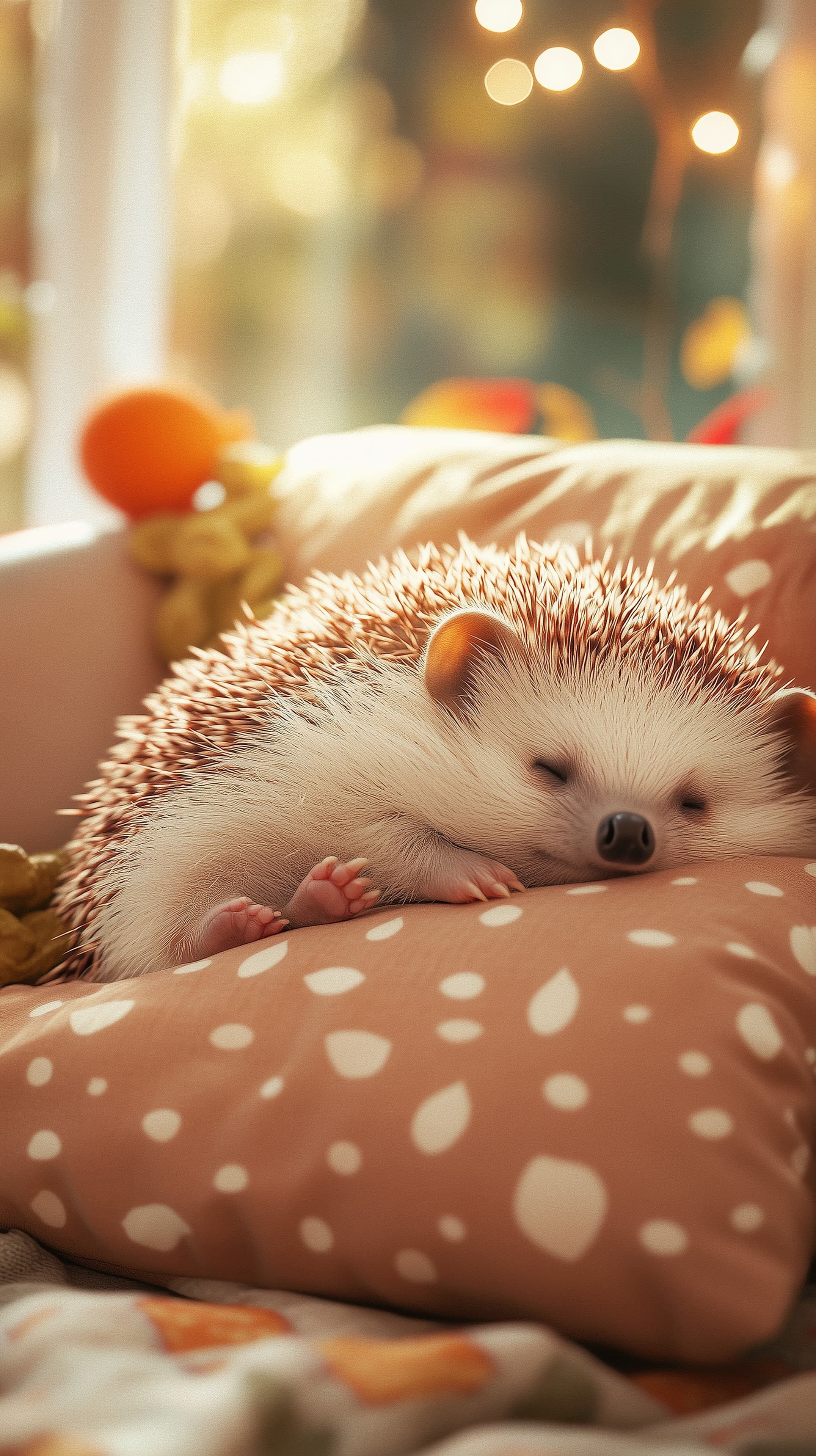 Cozy Sleeping Hedgehog on a Soft Polka-Dot Pillow by Window - High Resolution bokeh Wallpaper for Mobile and Desktop