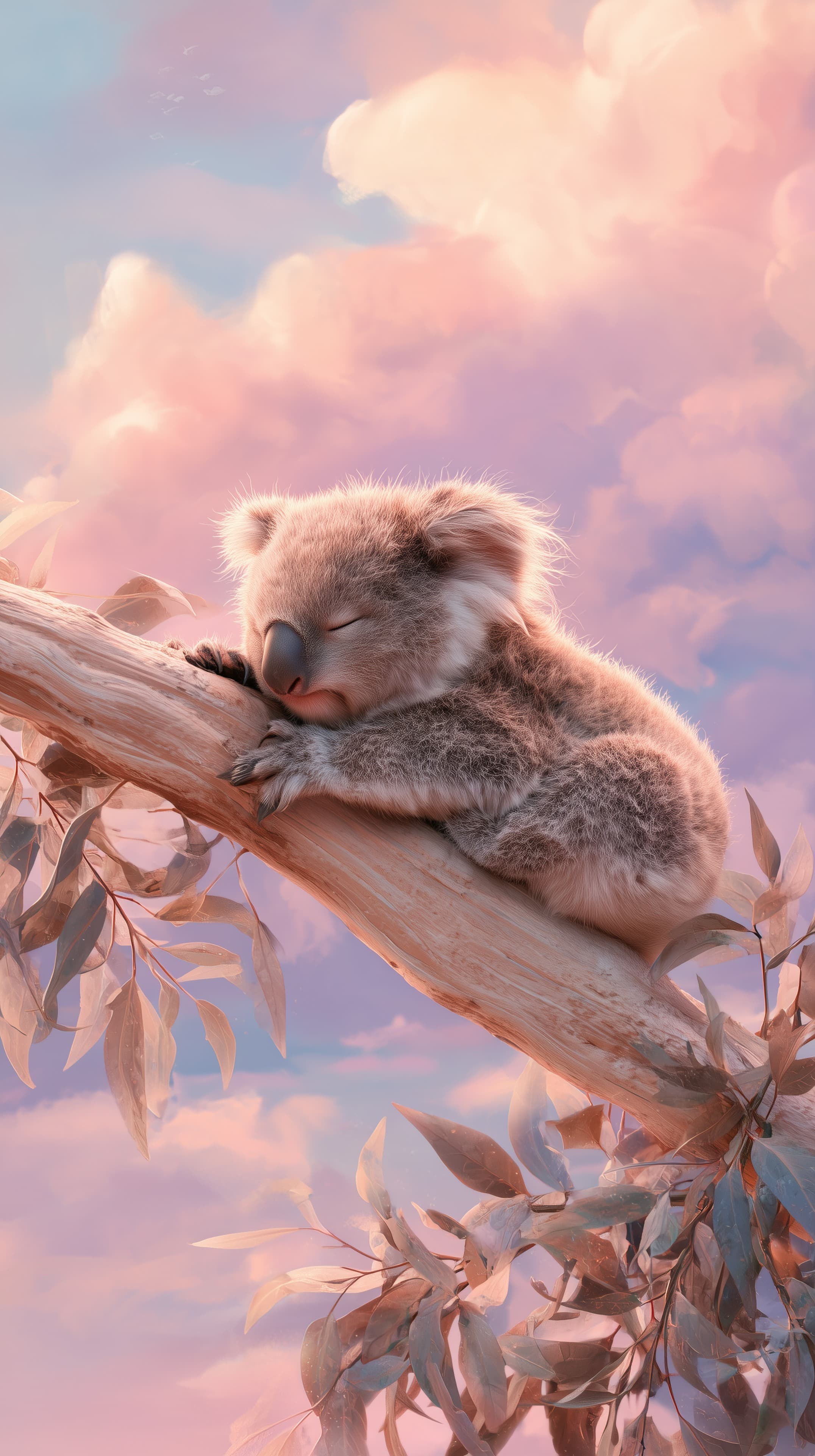 Pastel Sky Koala Sleeping on a Branch – Dreamy Cloudscape Wallpaper - High Resolution calm-background Wallpaper for Mobile and Desktop