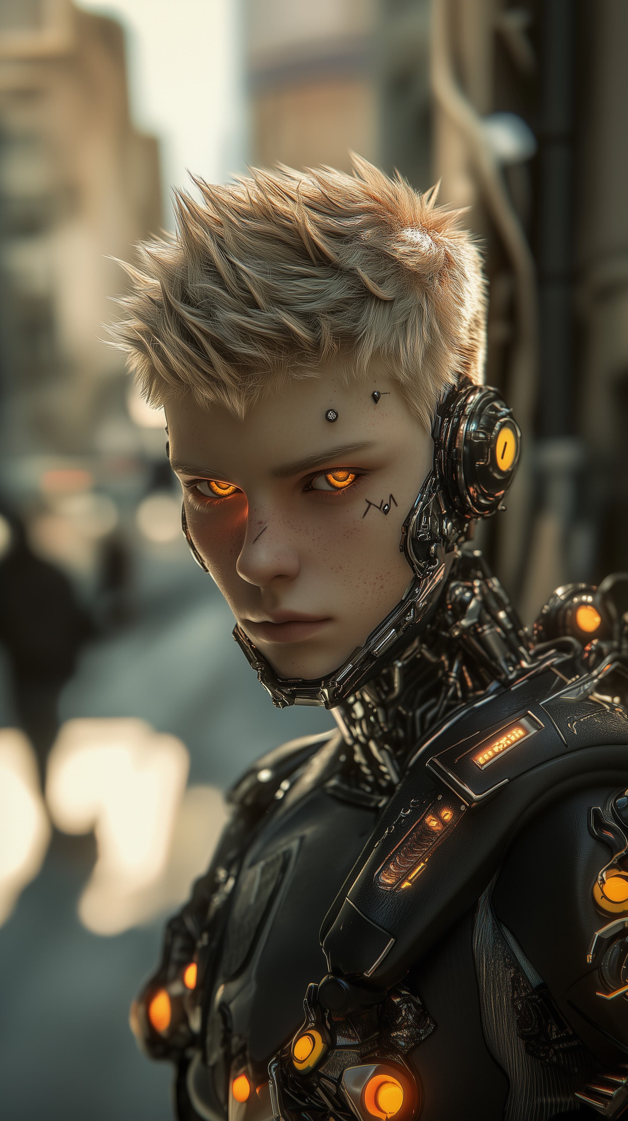 Futuristic Cyborg Warrior in Neon Urban Night Portrait - High Resolution android Wallpaper for Mobile and Desktop