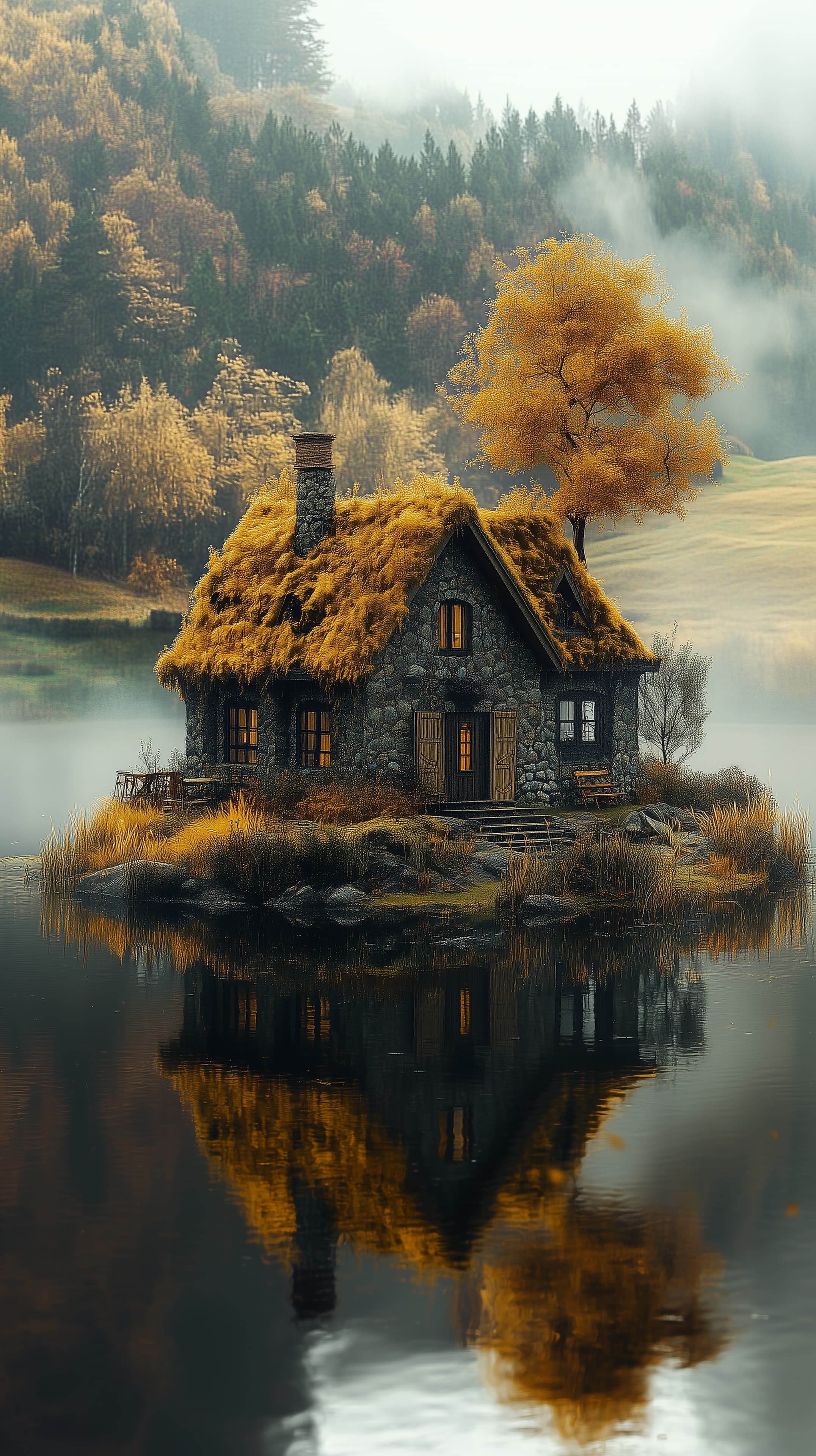 Golden Autumn Cottage on a Serene Lake Island with Mist - High Resolution autumn-cottage Wallpaper for Mobile and Desktop