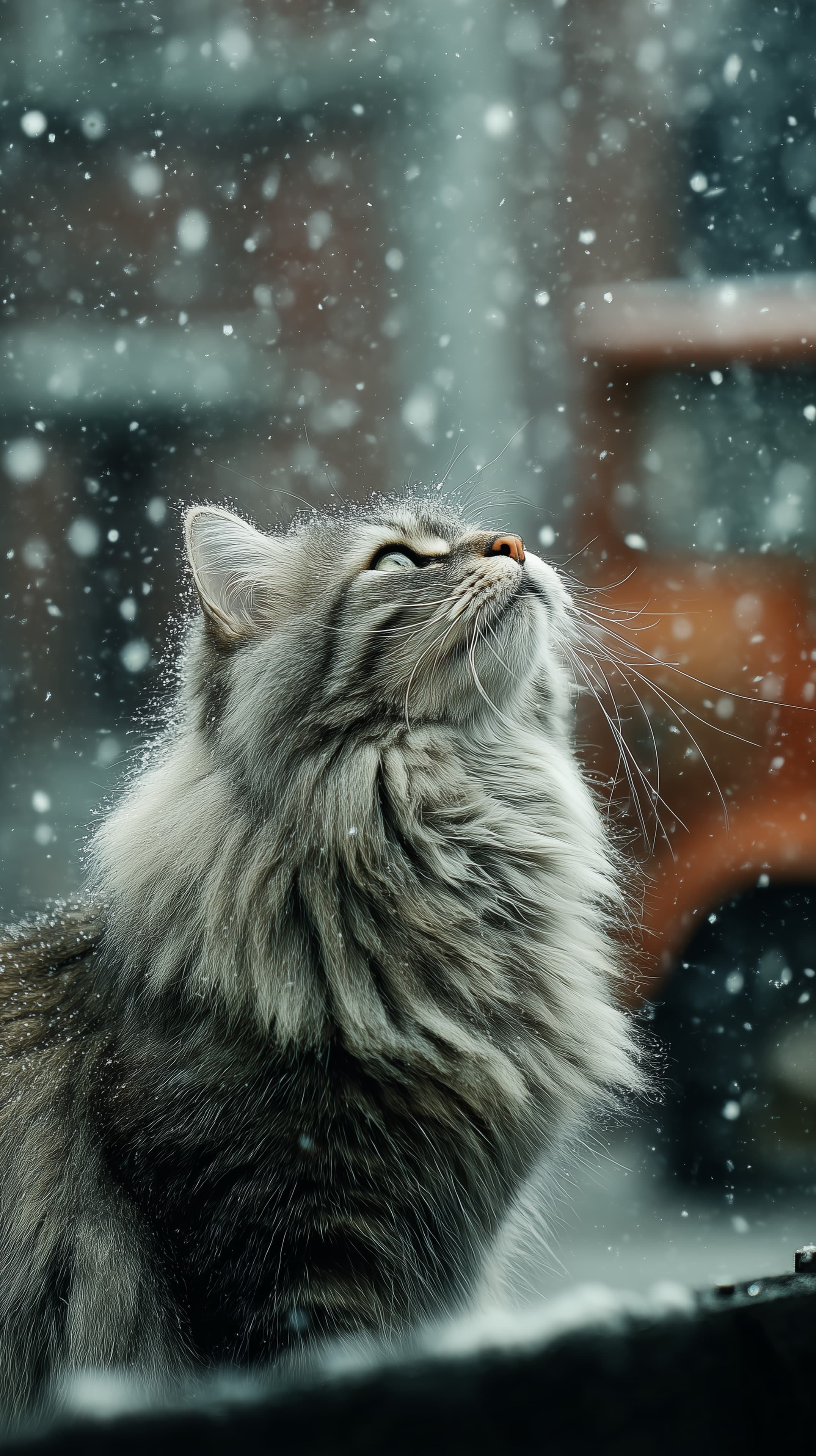 Winter Snowfall Cat Portrait in Soft Evening Light with Snowflakes - High Resolution animal-portrait Wallpaper for Mobile and Desktop