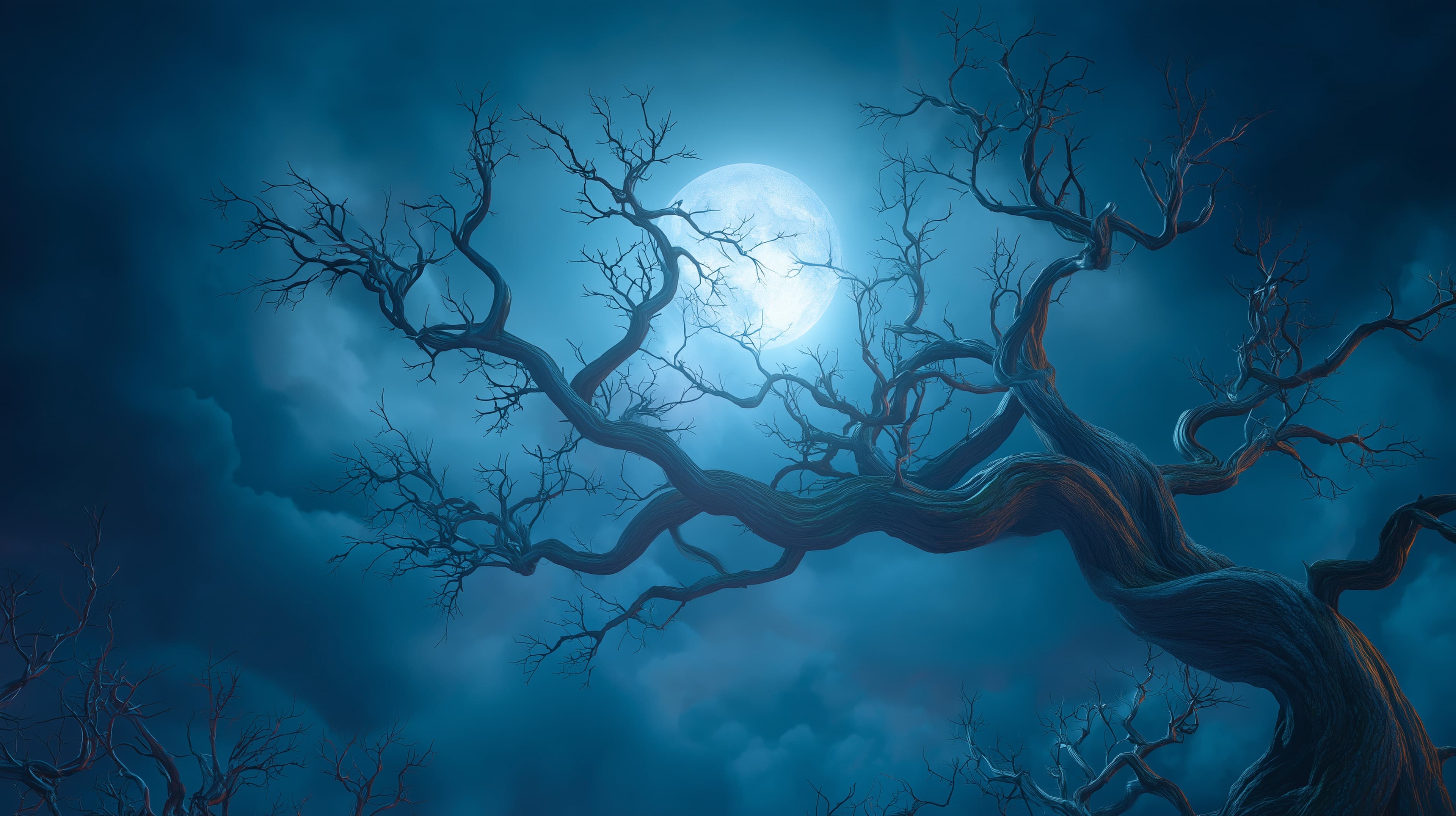 Moonlit Night: Mystic Blue Tree Silhouette Wallpaper - High Resolution blue-tones Wallpaper for Mobile and Desktop