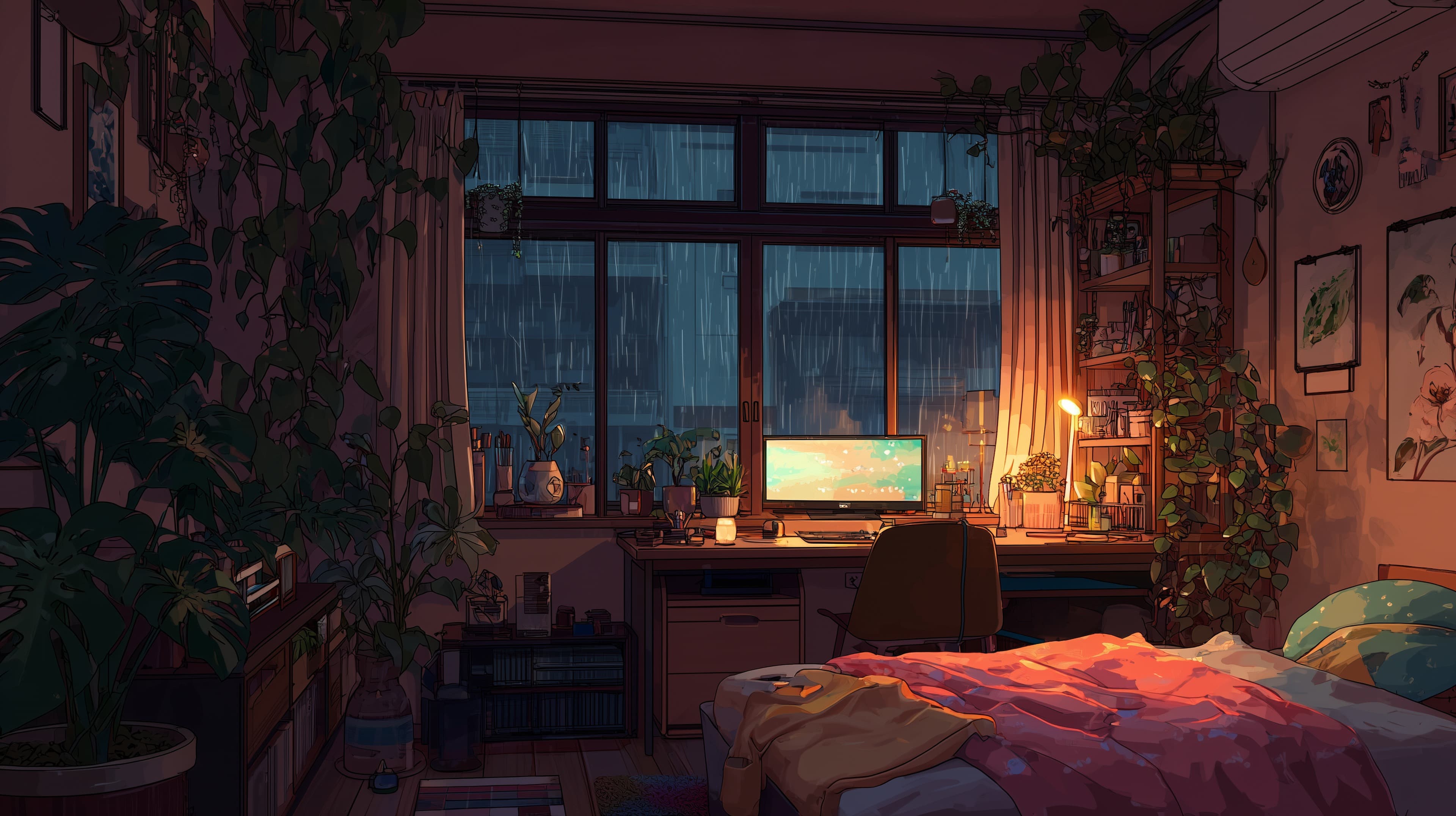 Cozy Rainy Night Study Room Wallpaper with Plants and Desk - High Resolution bedroom Wallpaper for Mobile and Desktop
