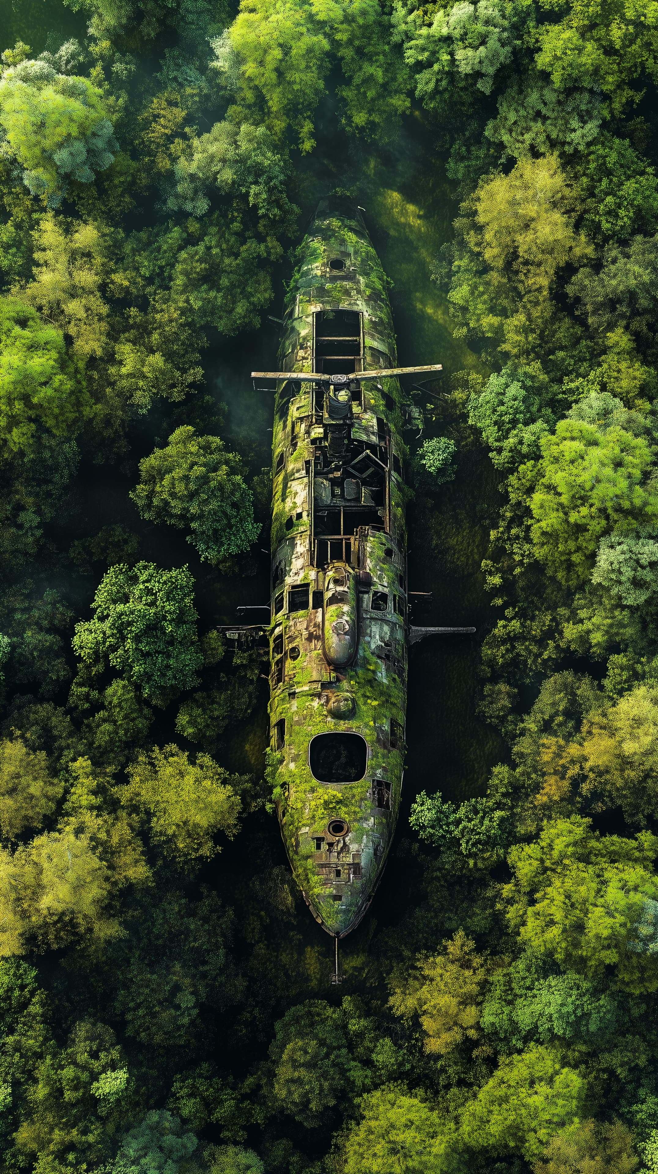 Moss-Covered Jungle Shipwreck: Atmospheric Aerial View - High Resolution abandoned Wallpaper for Mobile and Desktop