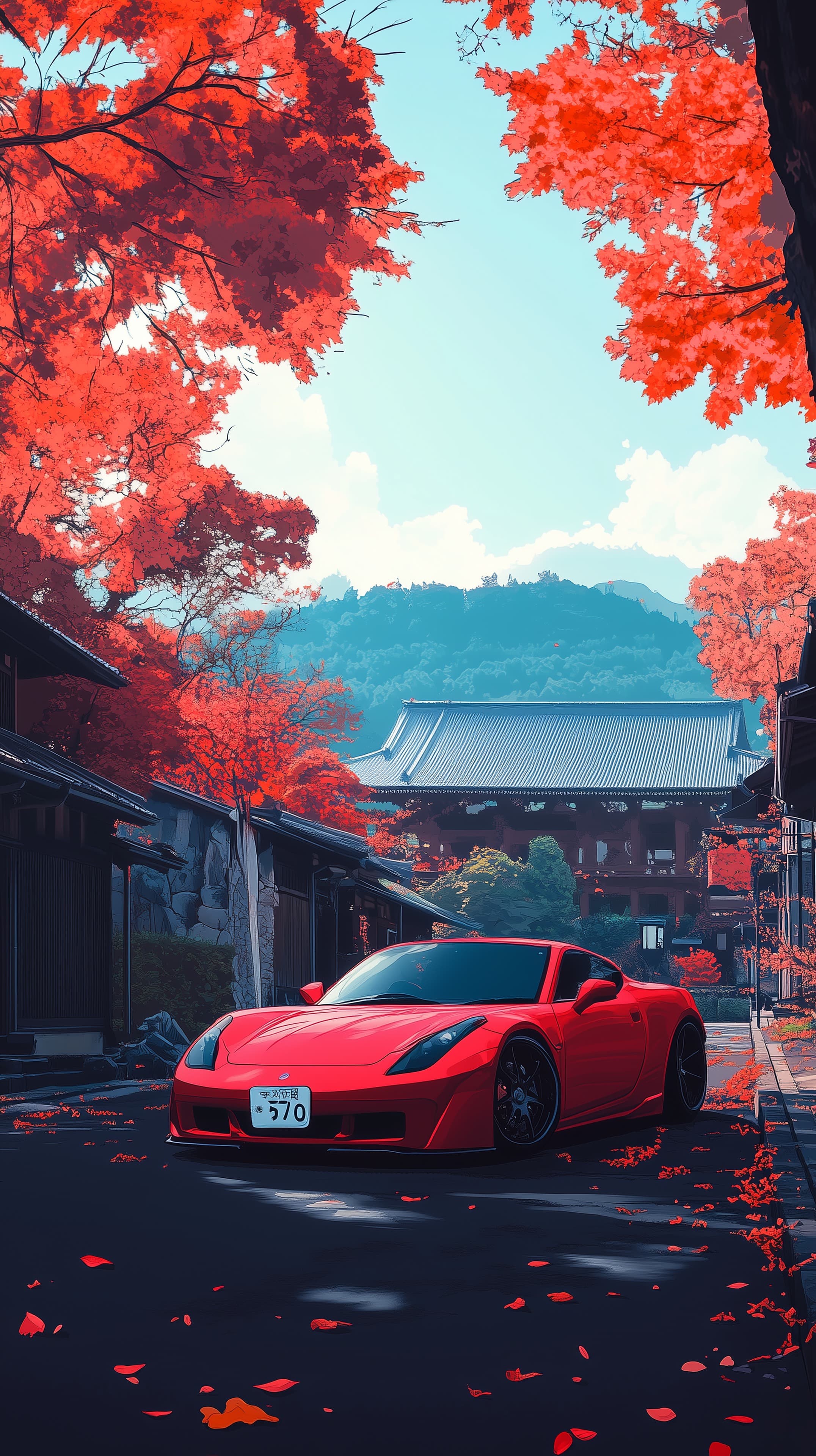 Vibrant Red Sports Car Amid Autumn Red Foliage and Tradition - High Resolution autumn-leaves Wallpaper for Mobile and Desktop