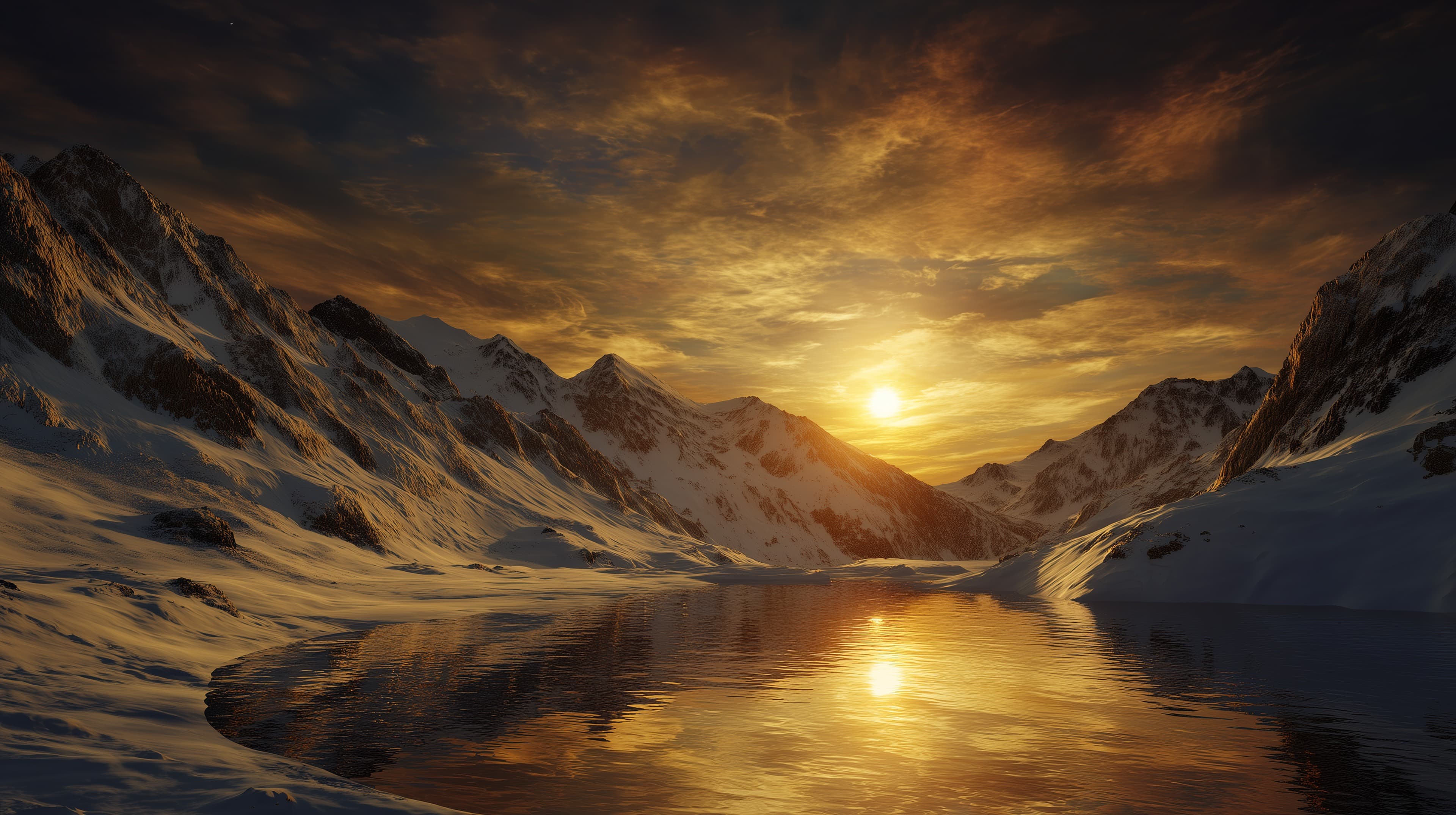 Golden Alpine Sunset Over Snowy Peaks and Reflective Lake - High Resolution alpine Wallpaper for Mobile and Desktop