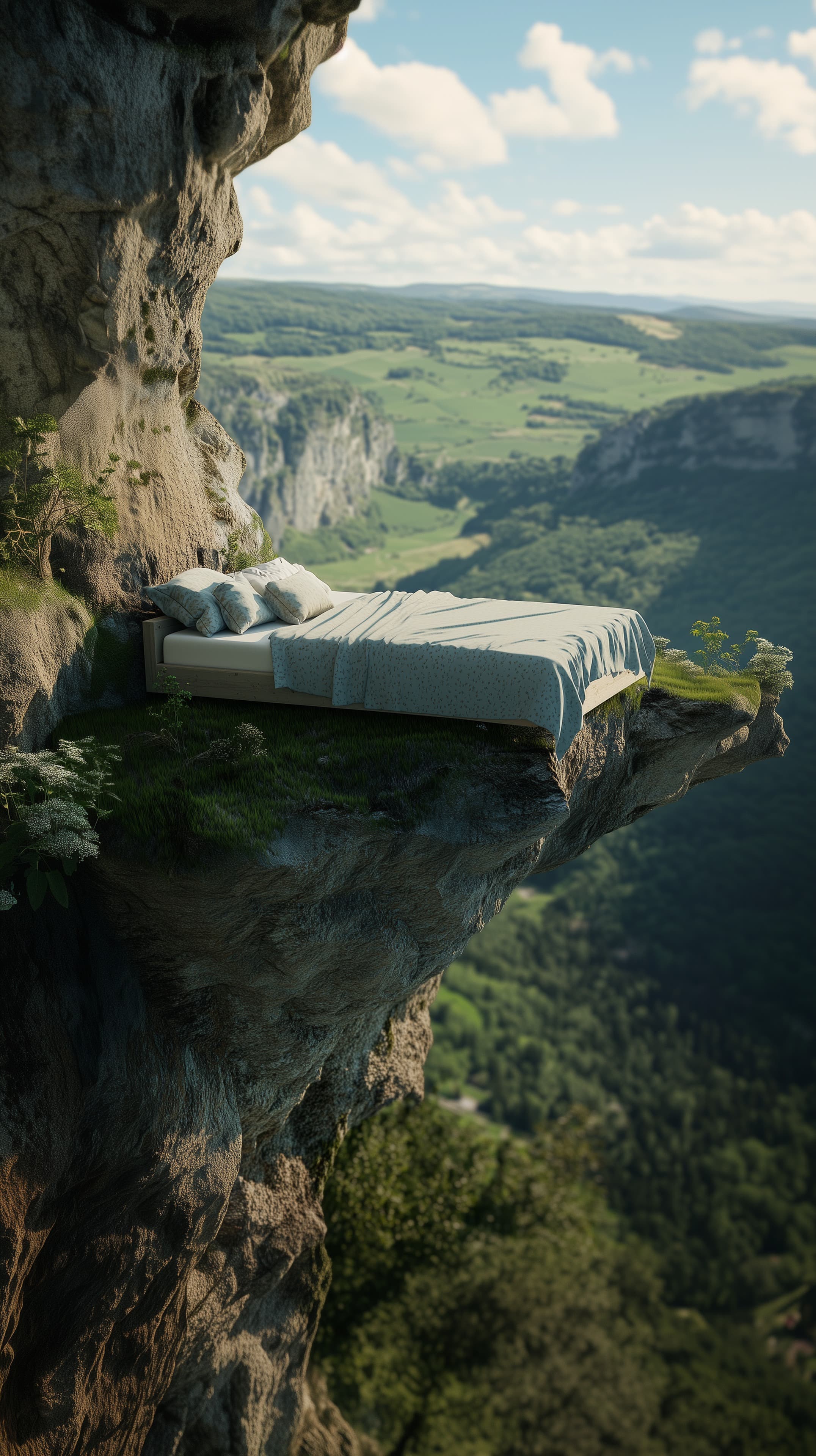 Cliffside Bed Overlooking a Dreamy Valley — Surreal Wallpaper - High Resolution bedroom Wallpaper for Mobile and Desktop