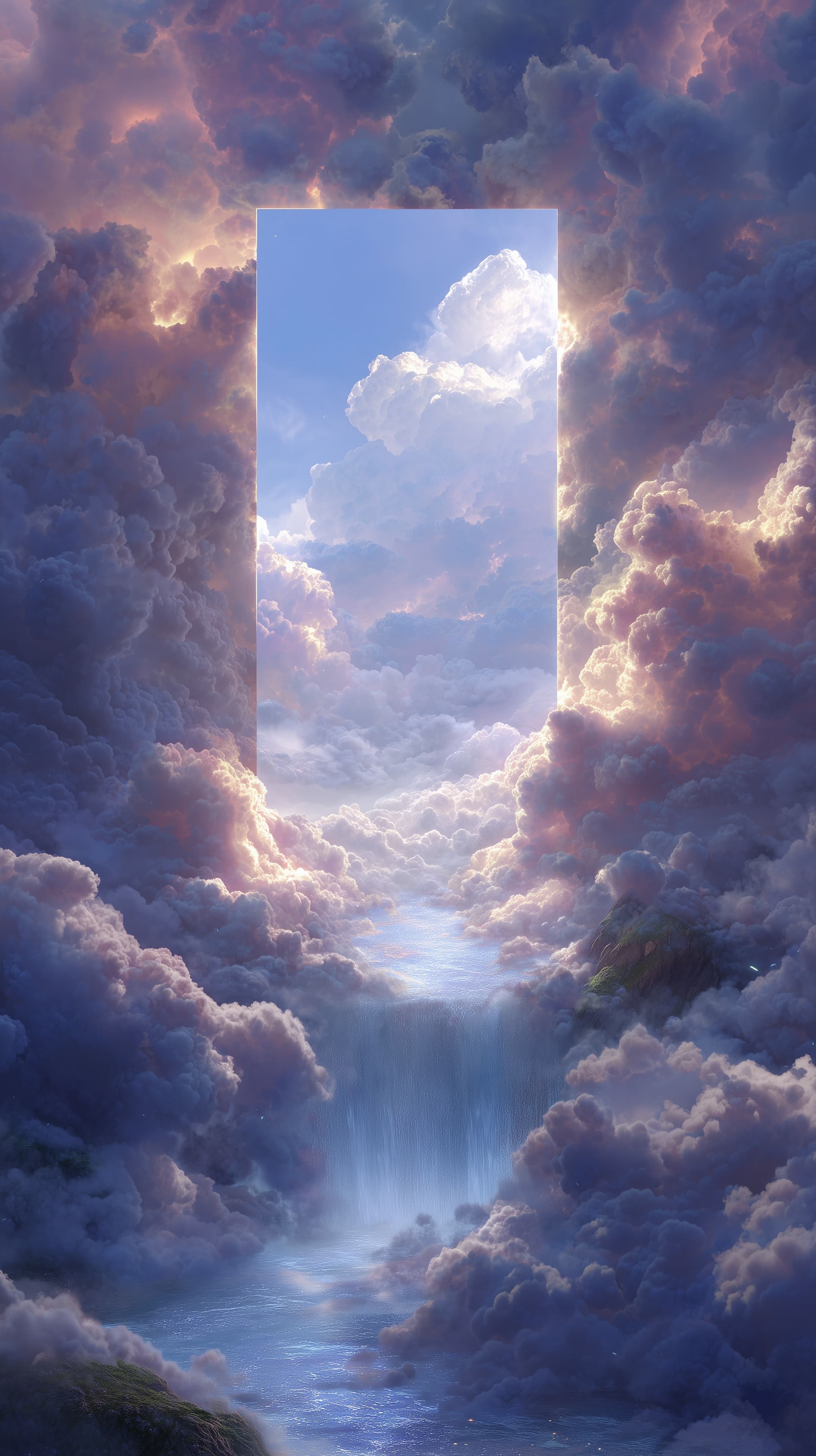 Mystical Cloud Portal: Surreal Sky Doorway Over Waterfall - High Resolution clouds Wallpaper for Mobile and Desktop