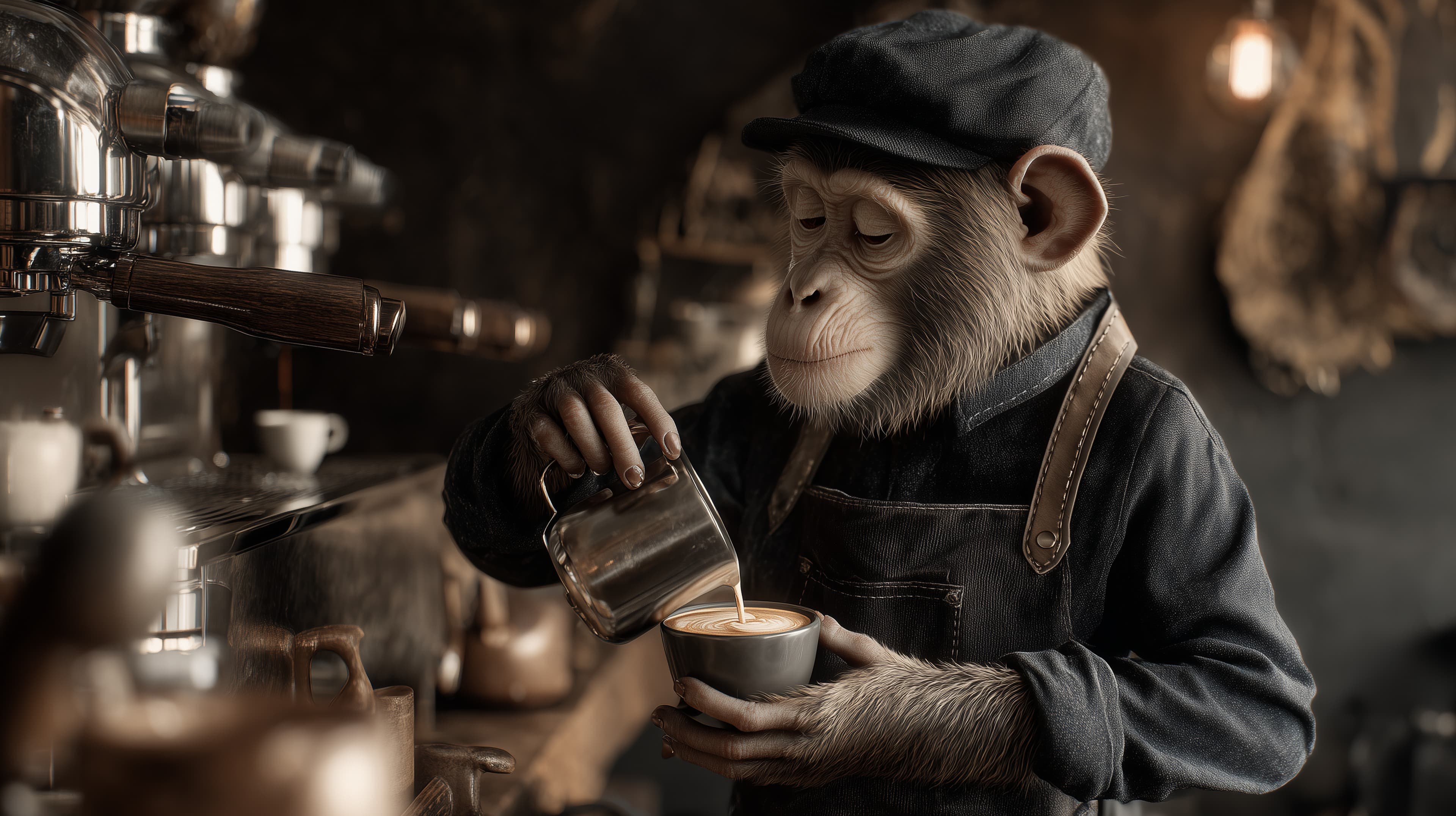 Whimsical Chimpanzee Barista in a Cozy Rustic Cafe - Wallpaper - High Resolution chimpanzee Wallpaper for Mobile and Desktop