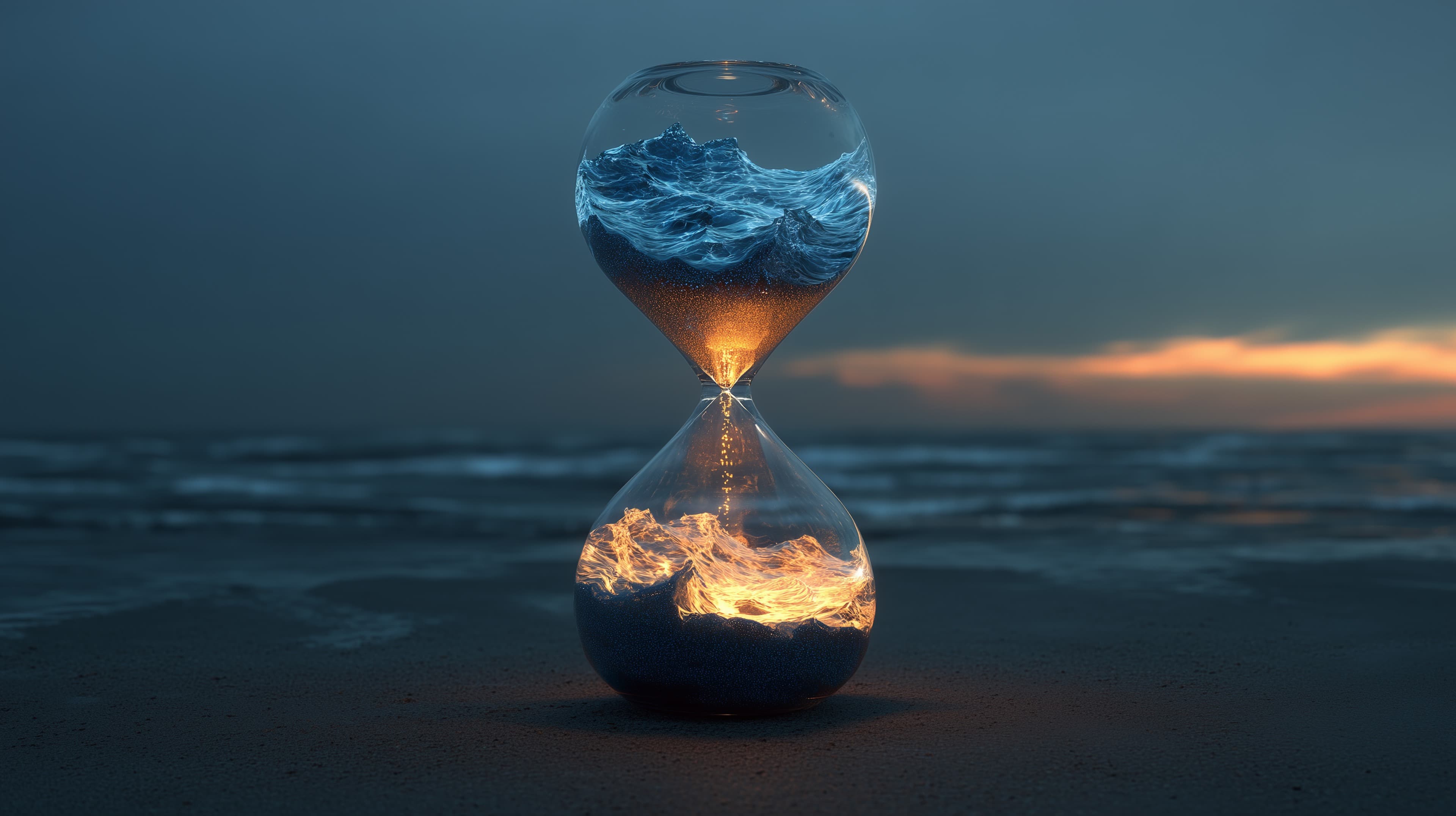 Surreal Hourglass on a Beach: Fire and Ocean in Glass - High Resolution art Wallpaper for Mobile and Desktop
