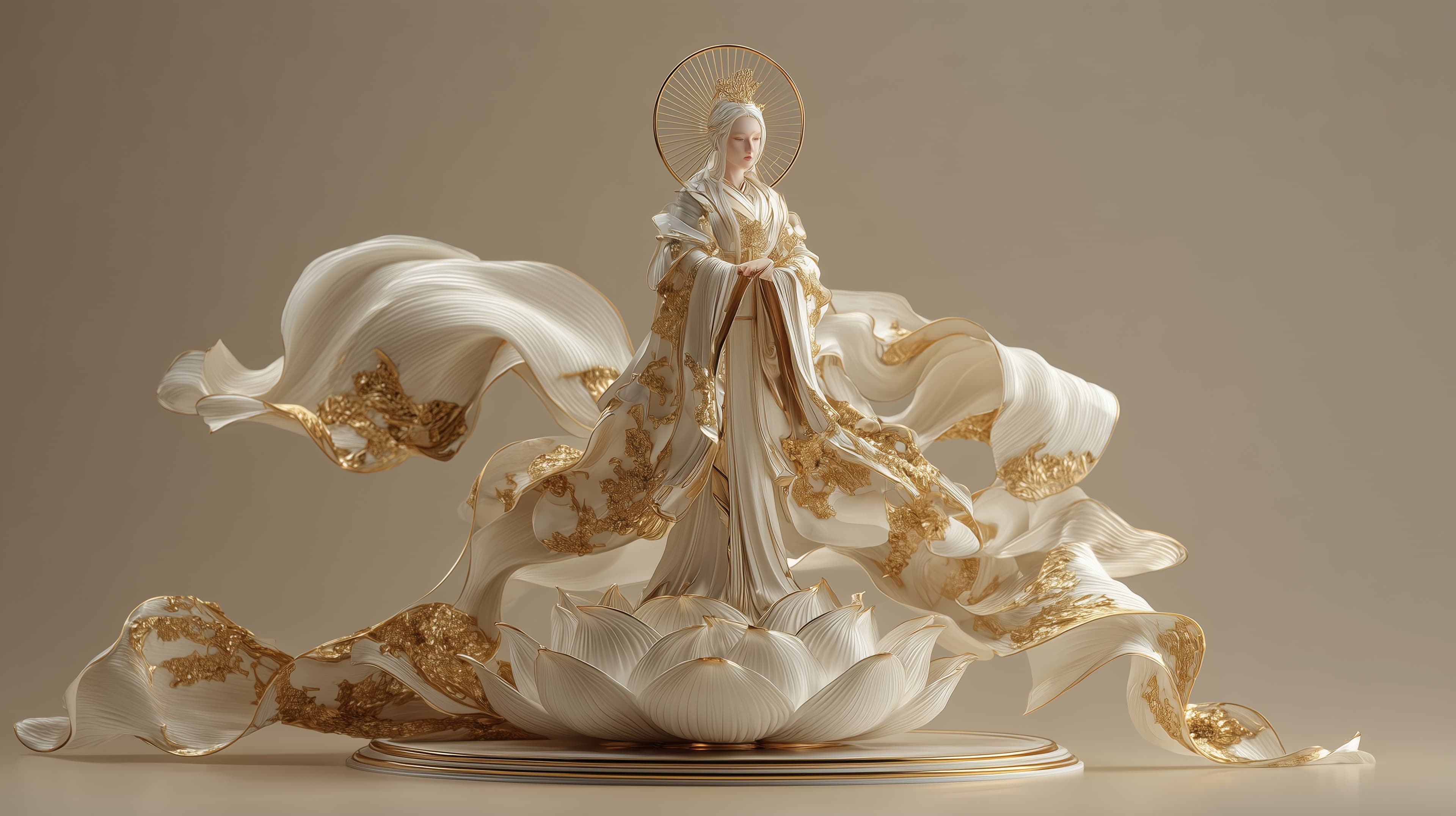 Celestial Queen on a Golden Lotus - Elegant Fantasy Statue - High Resolution celestial Wallpaper for Mobile and Desktop