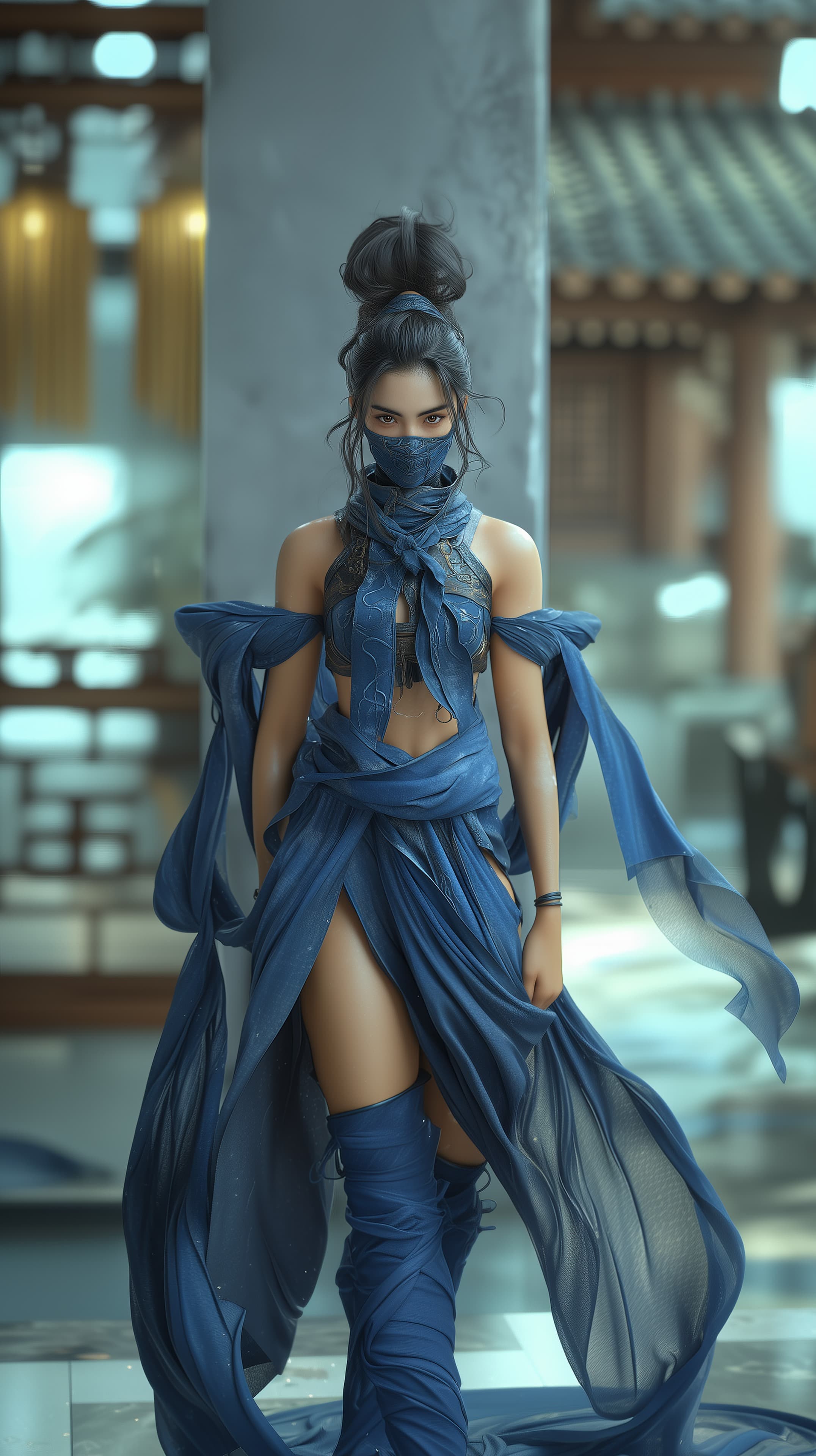 Blue Velvet Fantasy Warrior Wallpaper - Flowing Fabric Costume - High Resolution blue Wallpaper for Mobile and Desktop