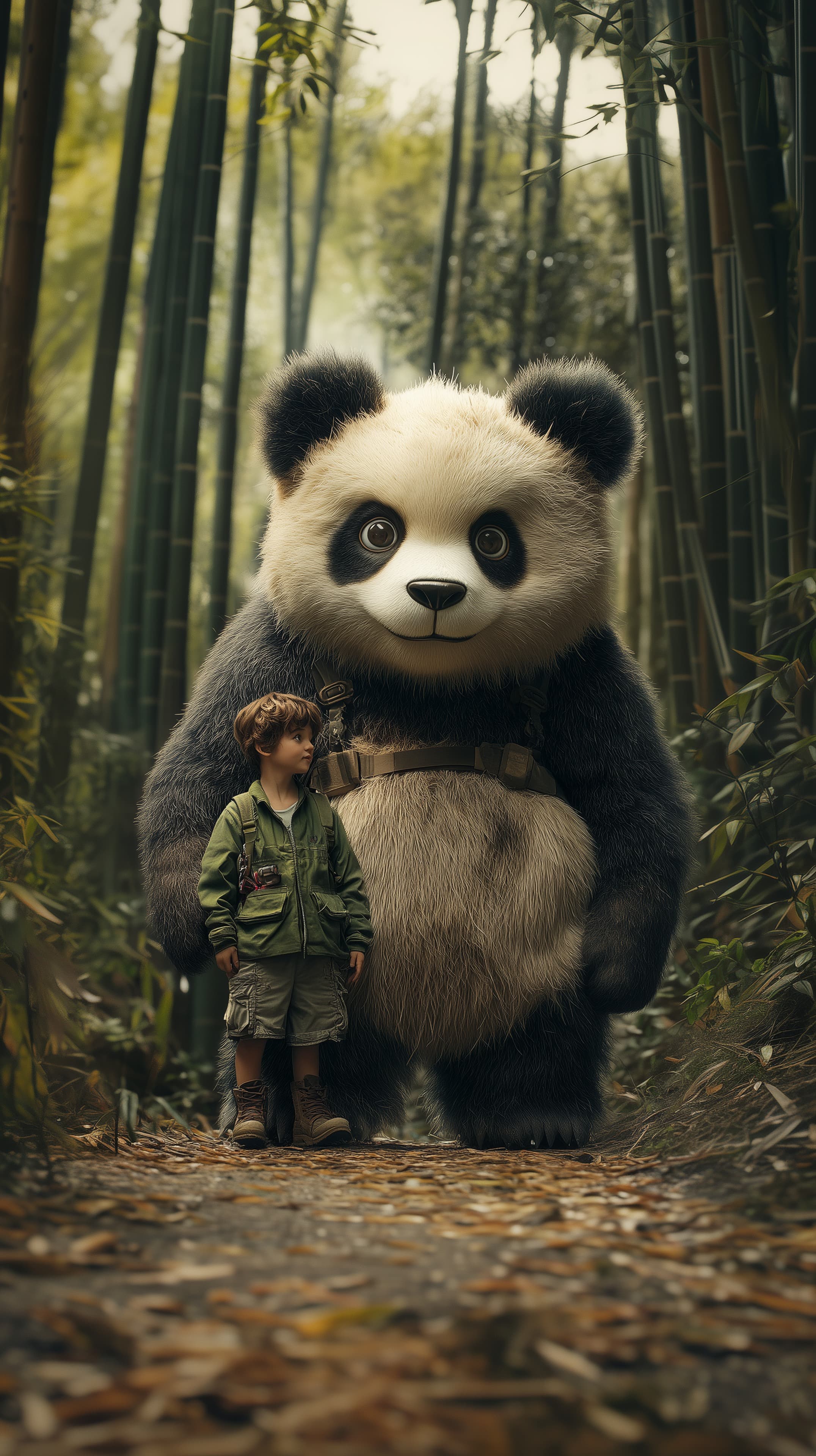 Whimsical Panda and Young Explorer in Bamboo Forest - High Resolution adventure Wallpaper for Mobile and Desktop