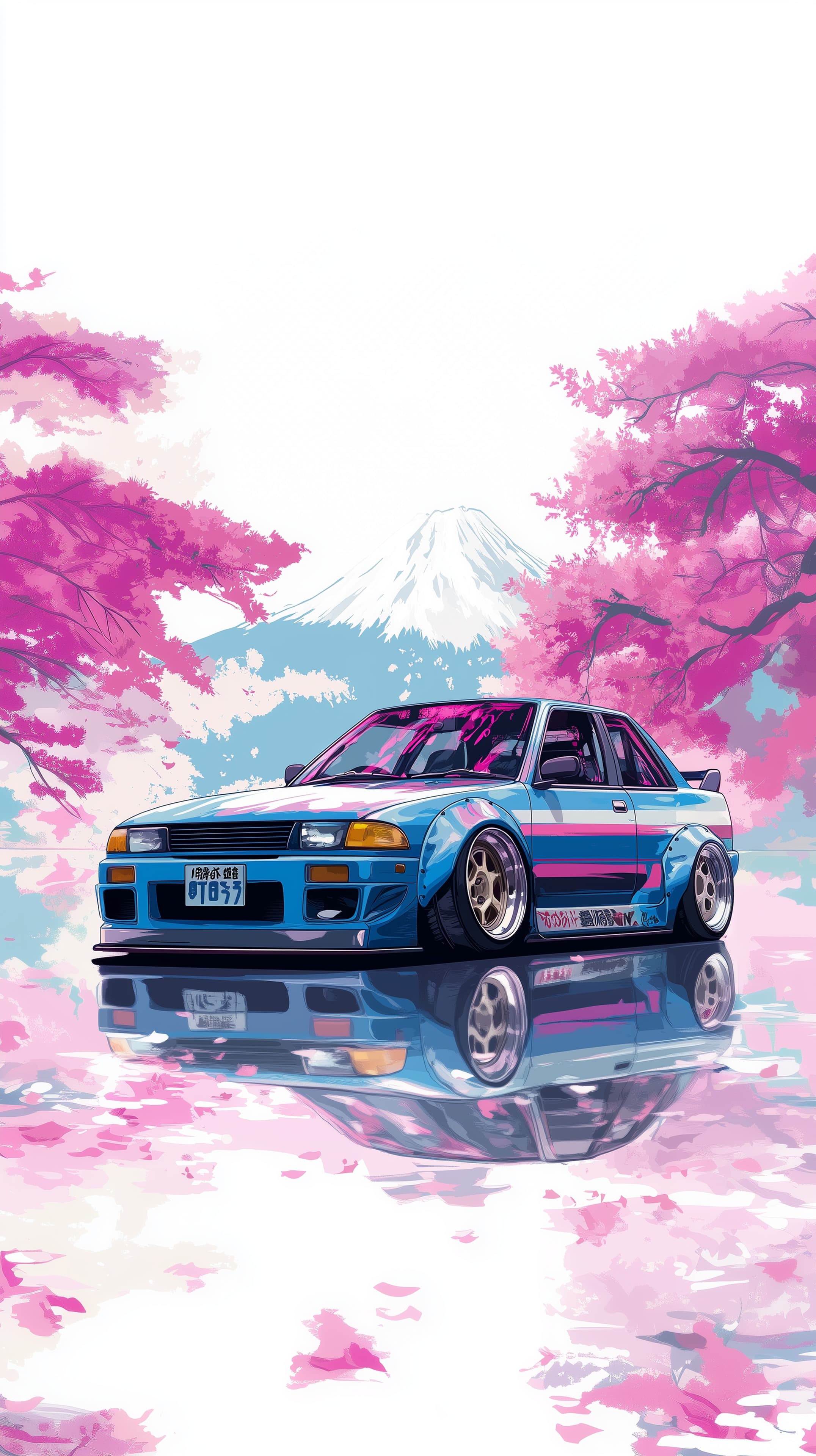 Pastel Vaporwave Car Art Amid Pink Cherry Blossoms and Snowy Peak - High Resolution anime-style Wallpaper for Mobile and Desktop