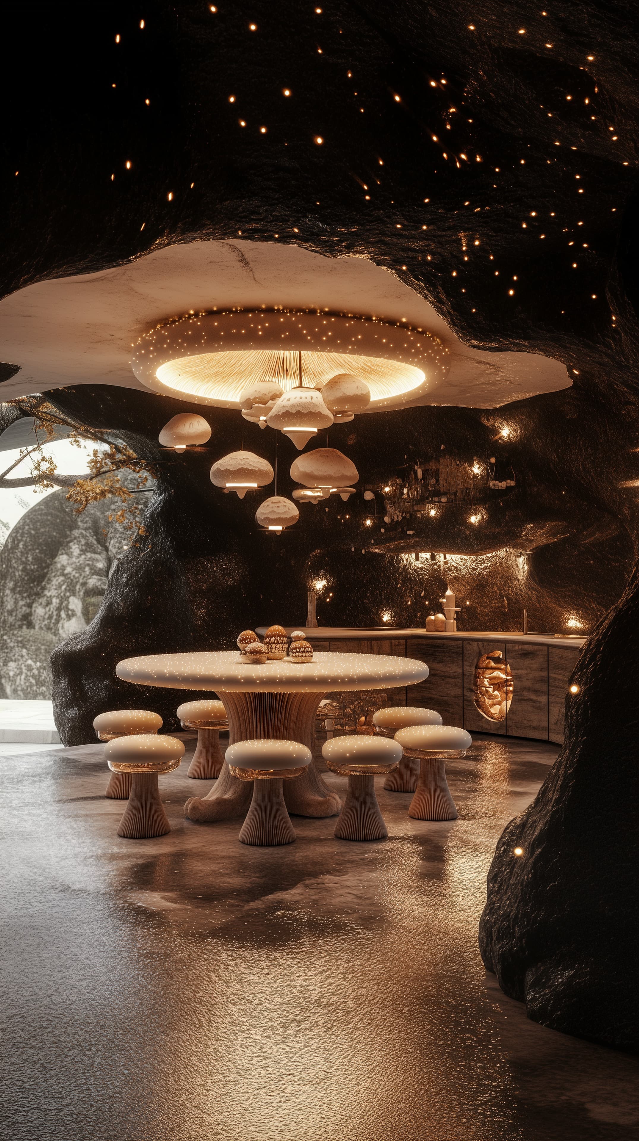 Cave Dining Nook: Mushroom Stools and Warm Glow Lighting - High Resolution amber-lighting Wallpaper for Mobile and Desktop
