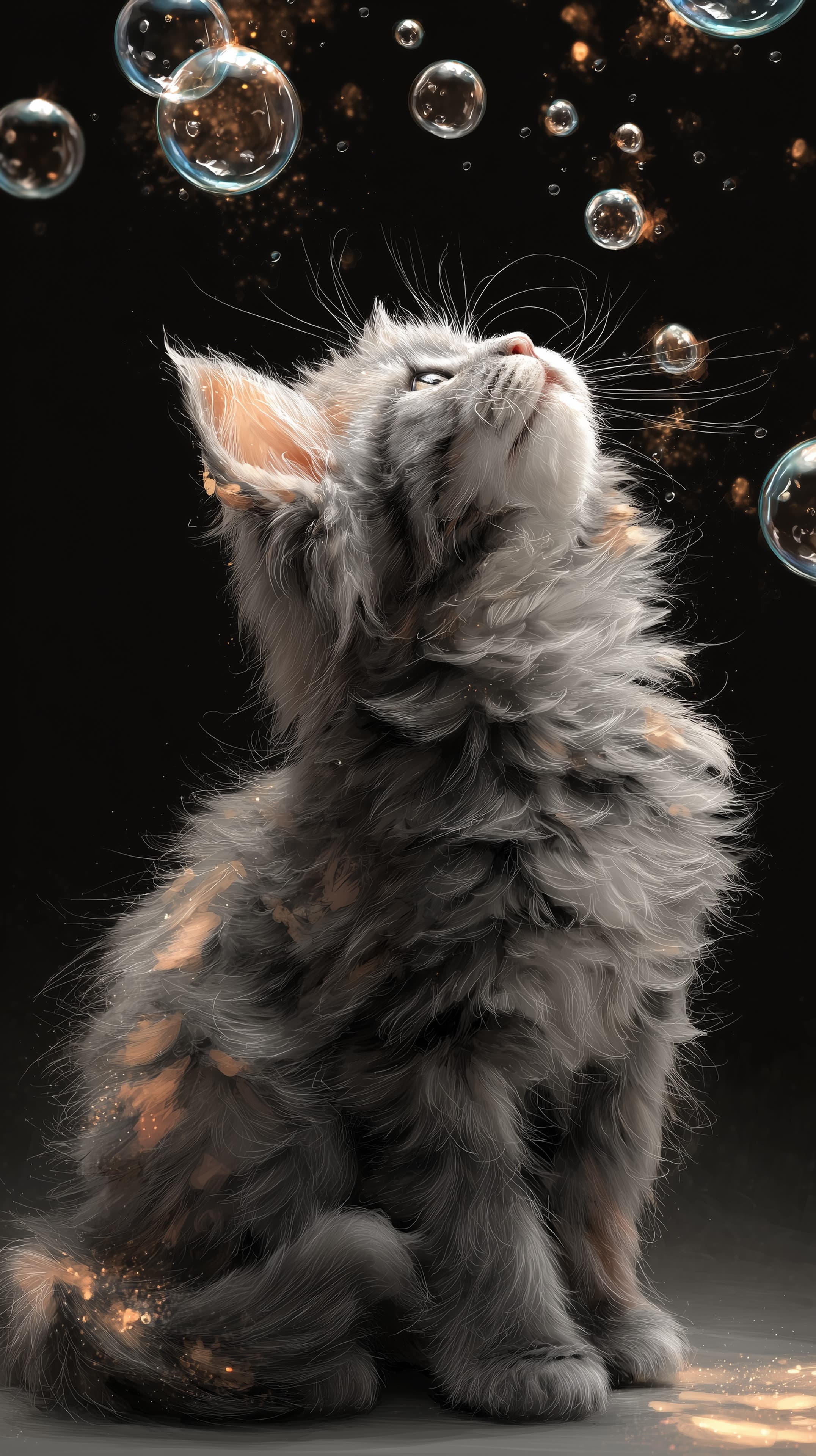 Whimsical kitten gazing at floating bubbles - dreamy wallpaper - High Resolution bubbles Wallpaper for Mobile and Desktop