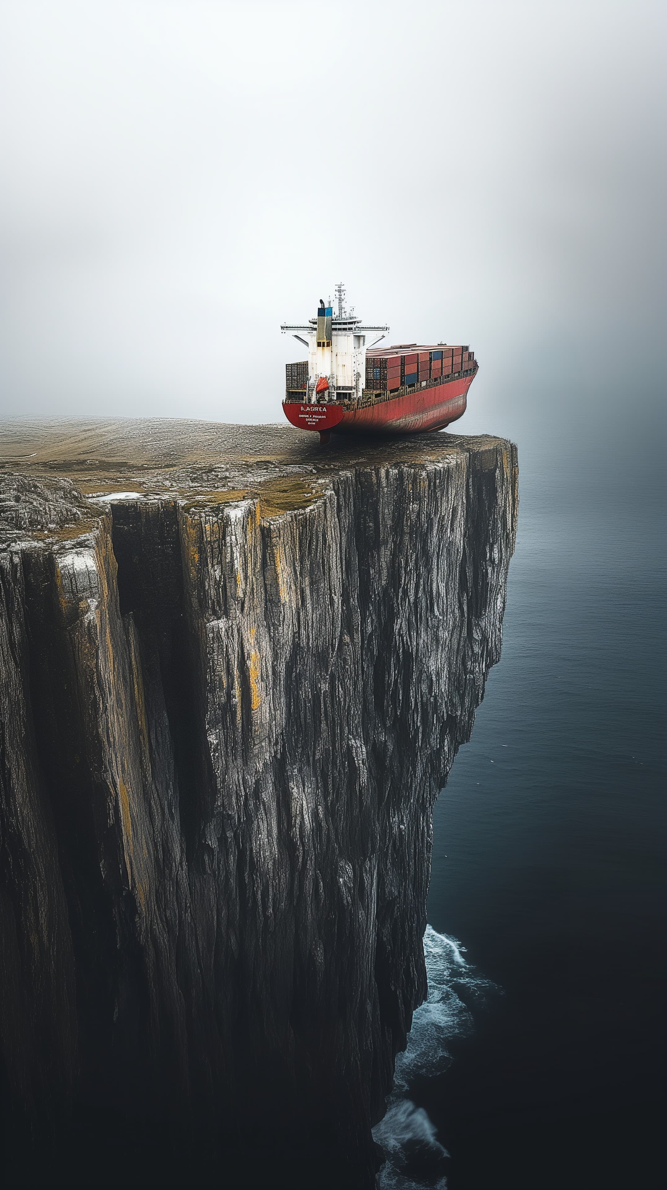 Cargo ship on a rugged cliff edge under misty skies wallpaper - High Resolution cliff Wallpaper for Mobile and Desktop