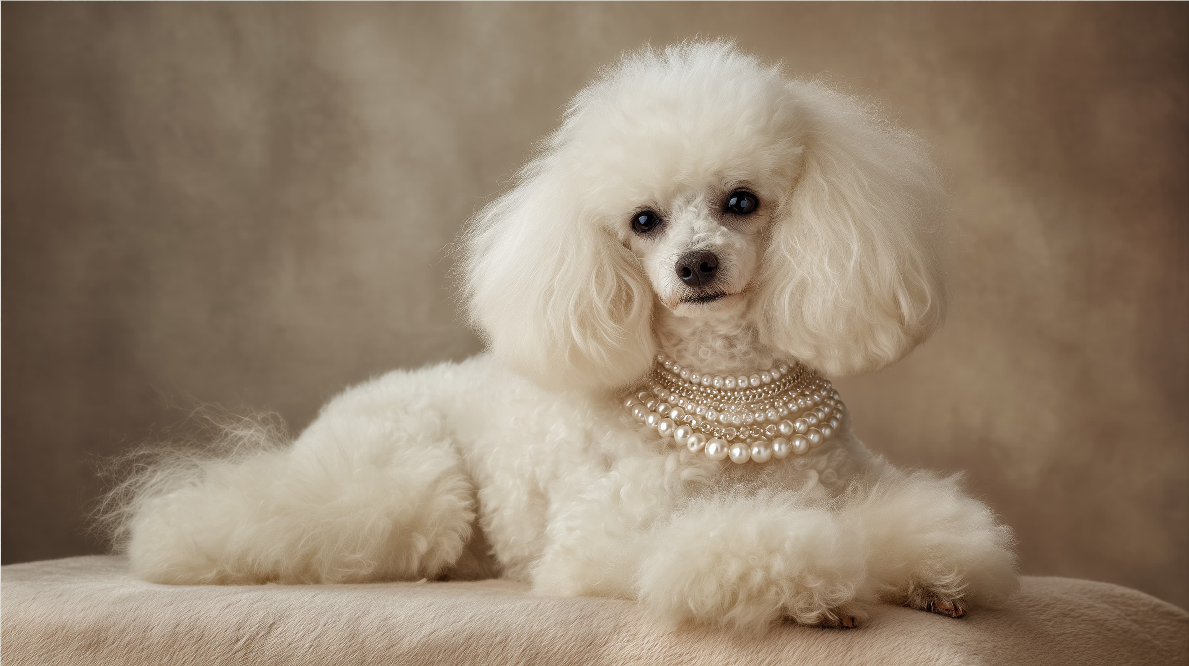 Elegant White Poodle Portrait with Pearl Necklace Wallpaper - High Resolution white-poodle Wallpaper for Mobile and Desktop