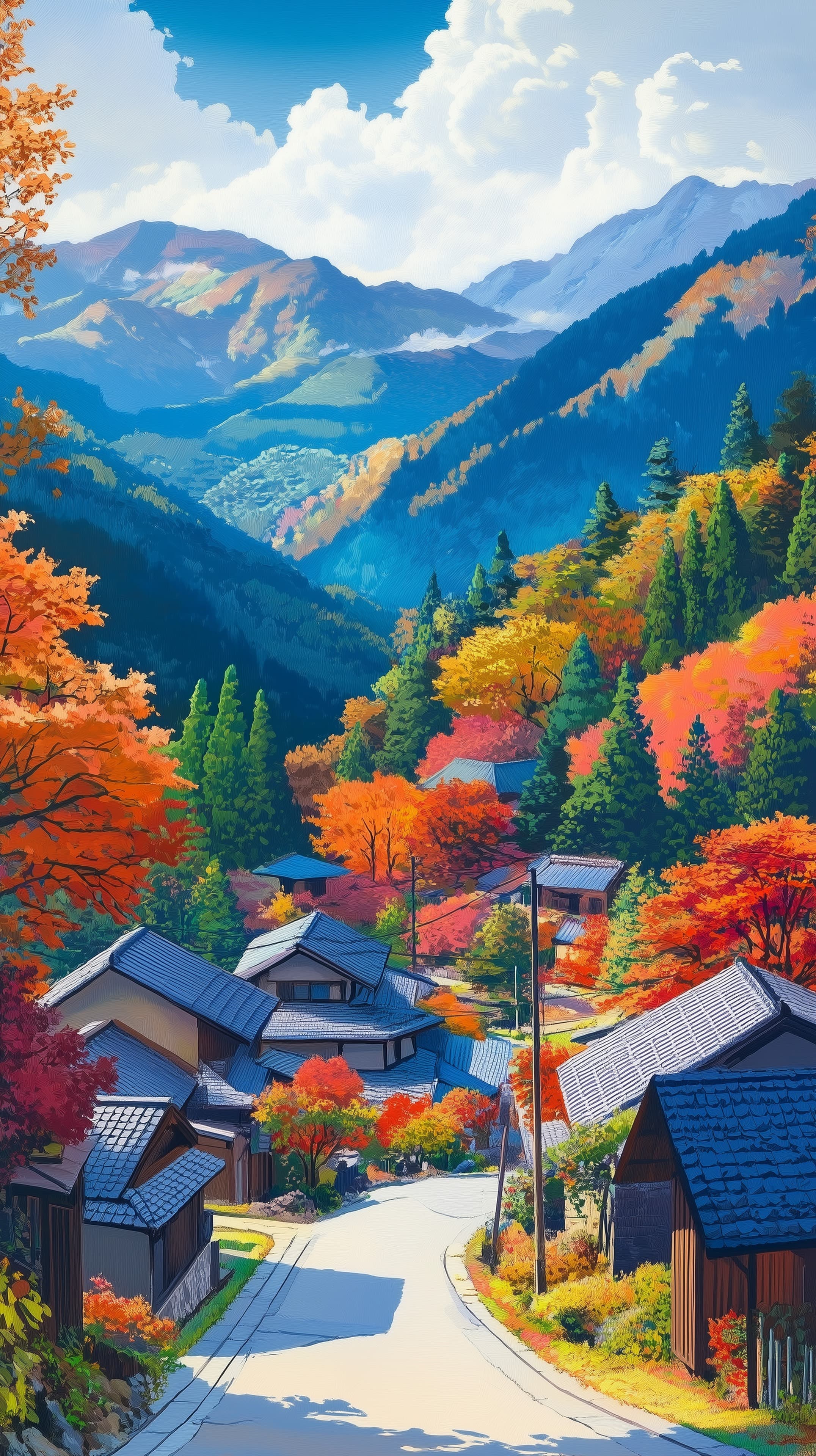 Autumn Mountain Village Scene with Colorful Foliage and Cozy Homes - High Resolution autumn Wallpaper for Mobile and Desktop