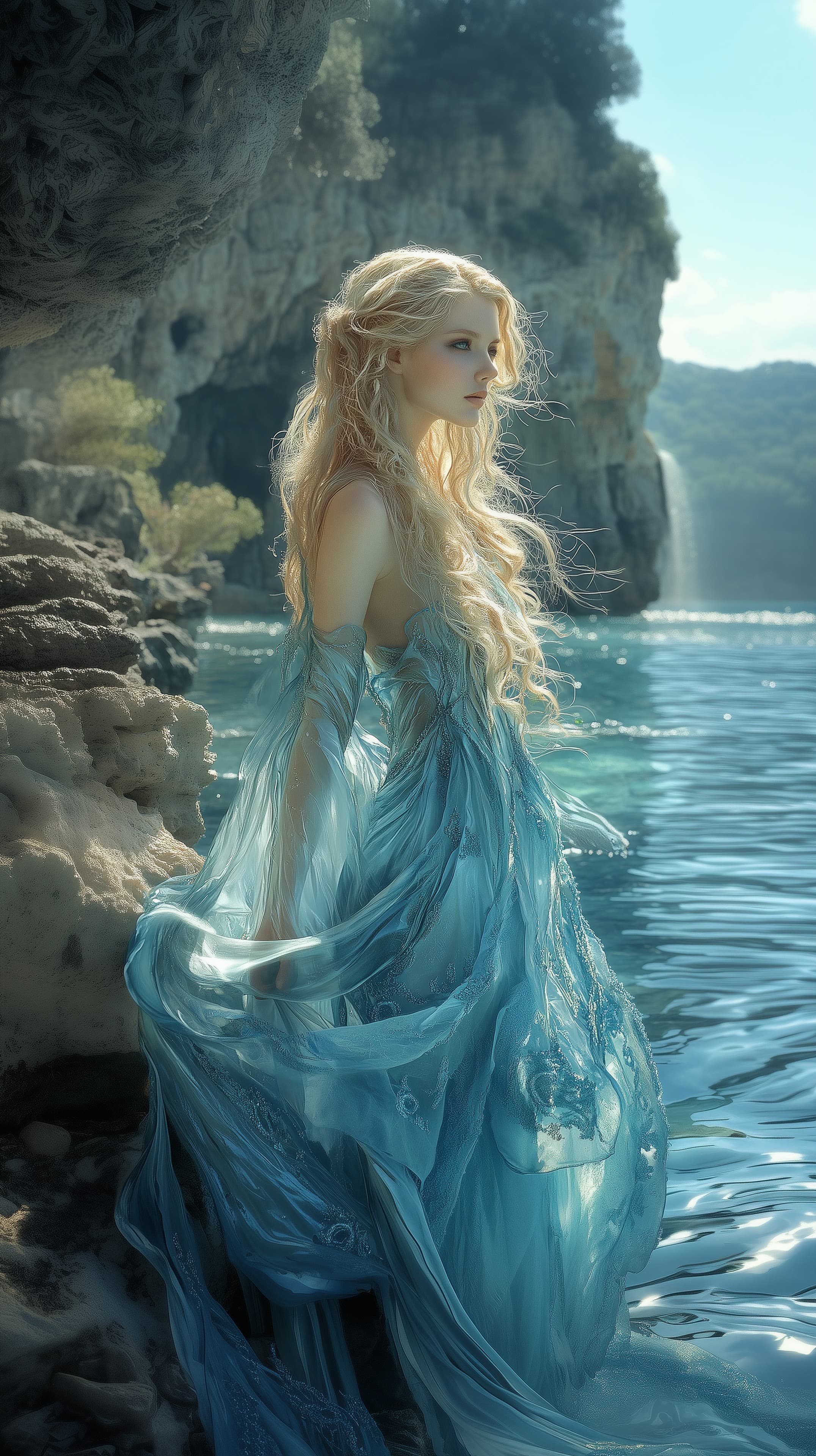 Ethereal Blue Gown by Turquoise Sea Cliffs Wallpaper - High Resolution blue-dress Wallpaper for Mobile and Desktop