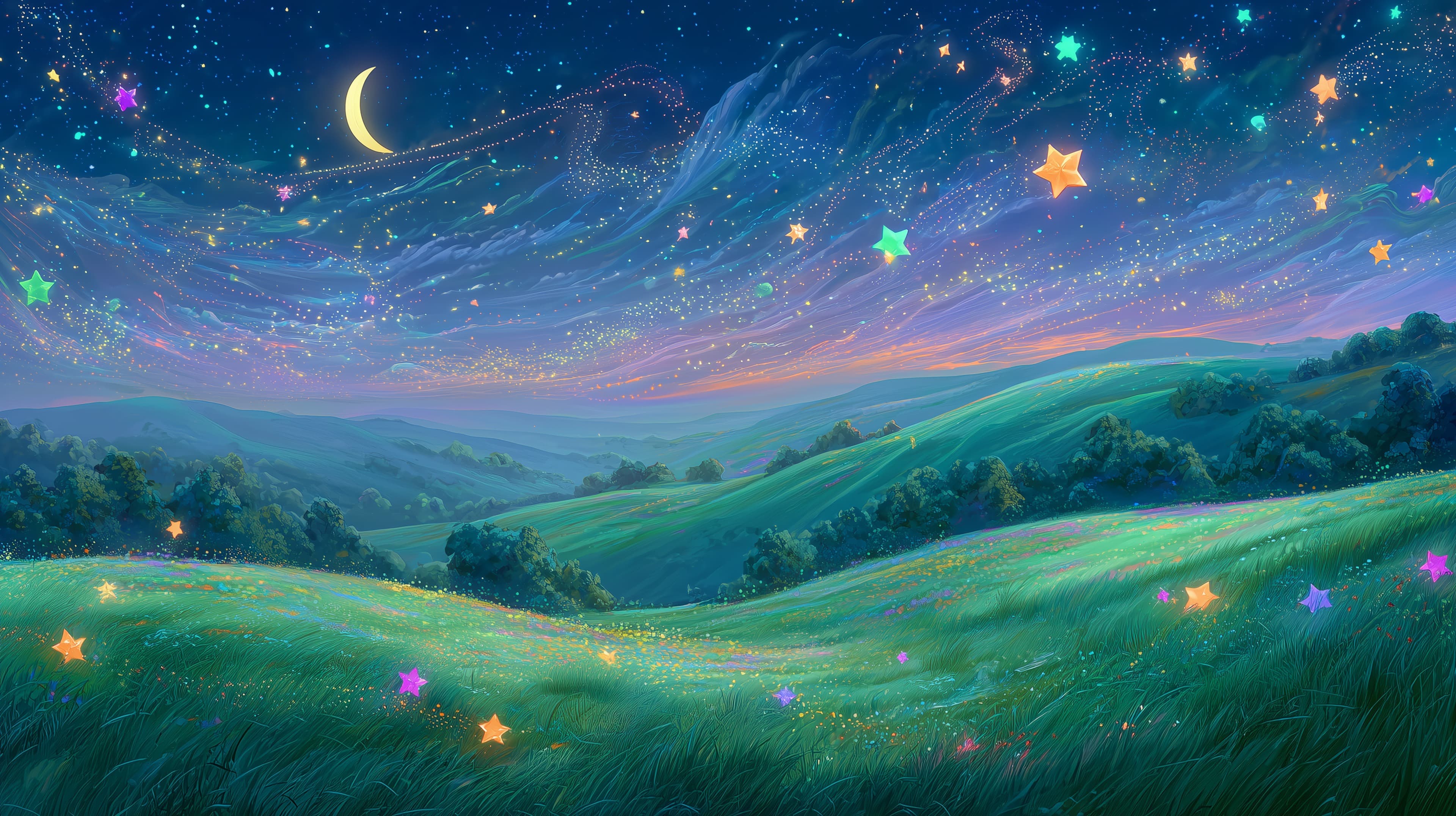 Dreamy Nightscape: Starry Hilltop Fantasy Wallpaper - High Resolution celestial-glow Wallpaper for Mobile and Desktop
